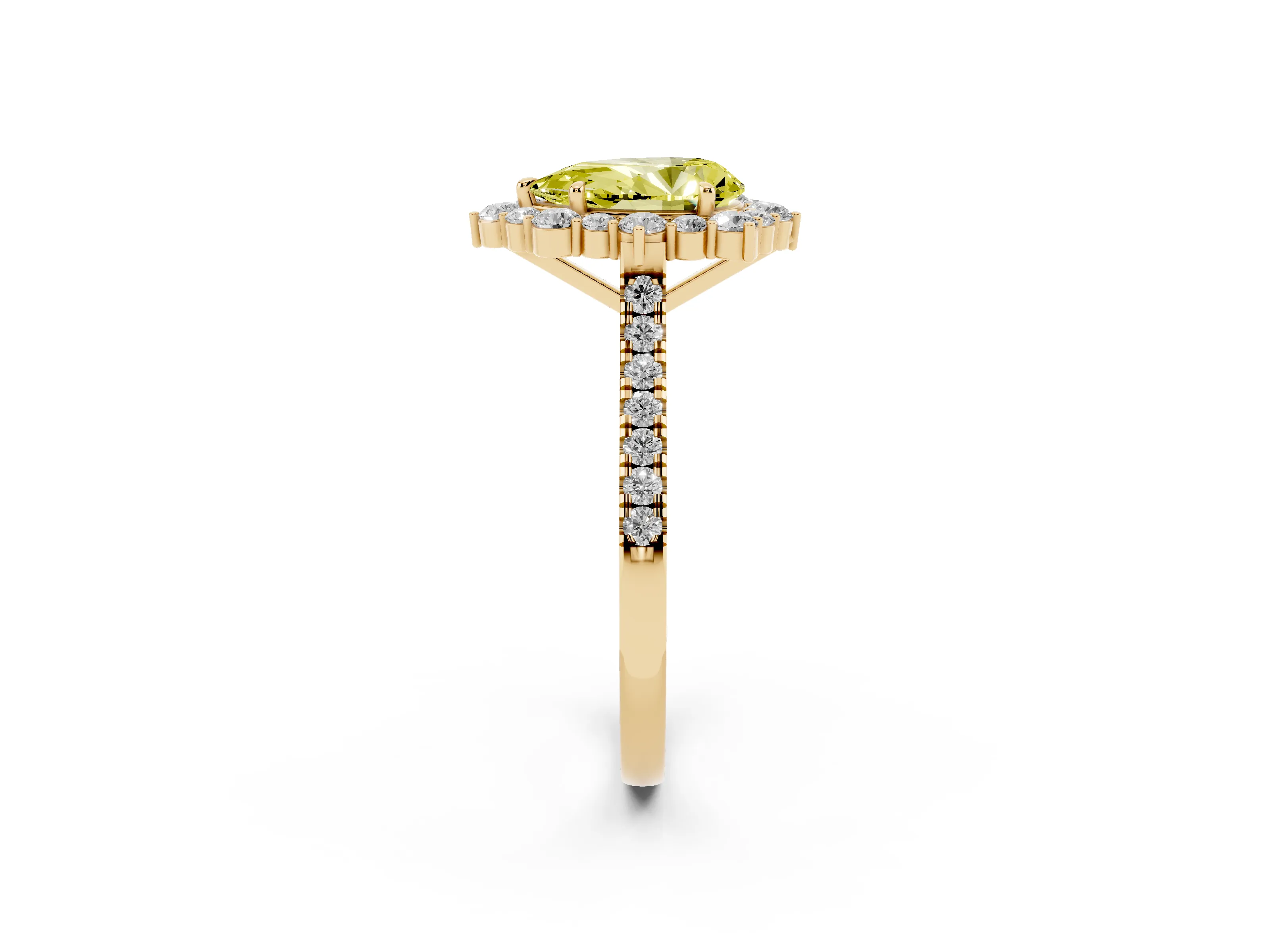 Fancy Yellow Pear Cut Diamond Halo Ring Set in Yellow gold with Pavé Band and Prong Setting