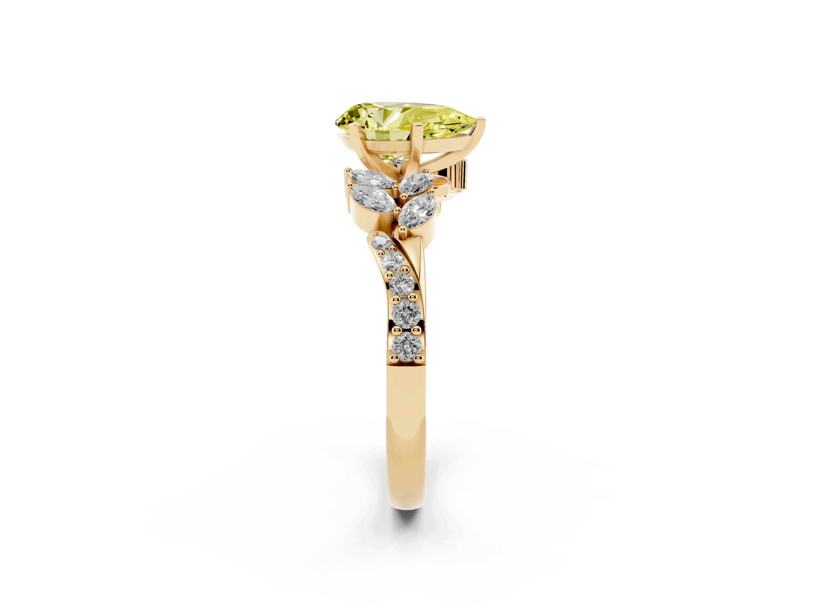 Fancy Yellow Pear Cut Diamond Solitaire Ring Set in Yellow gold with Marquise Twist Band and Prong Setting