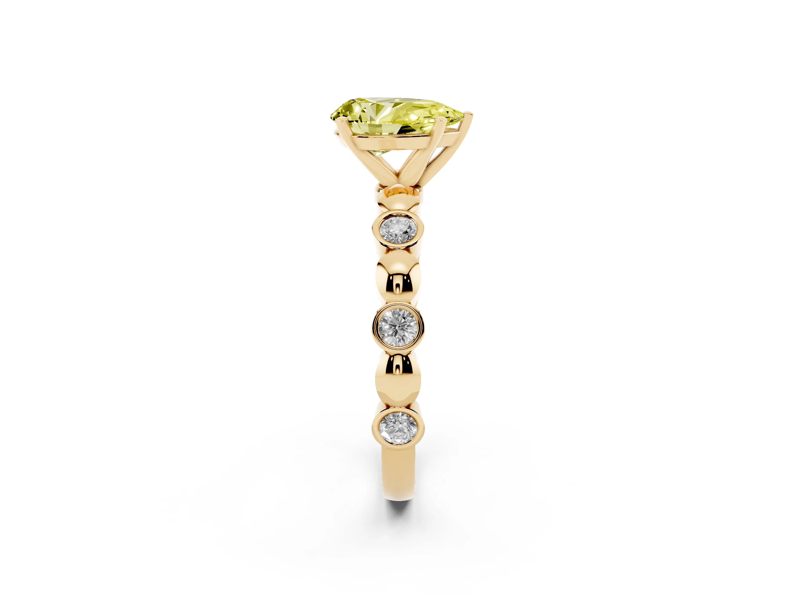 Fancy Yellow Pear Cut Diamond Solitaire Ring Set in Yellow gold with Bezel-Set Accents on Beaded Band and Prong Setting