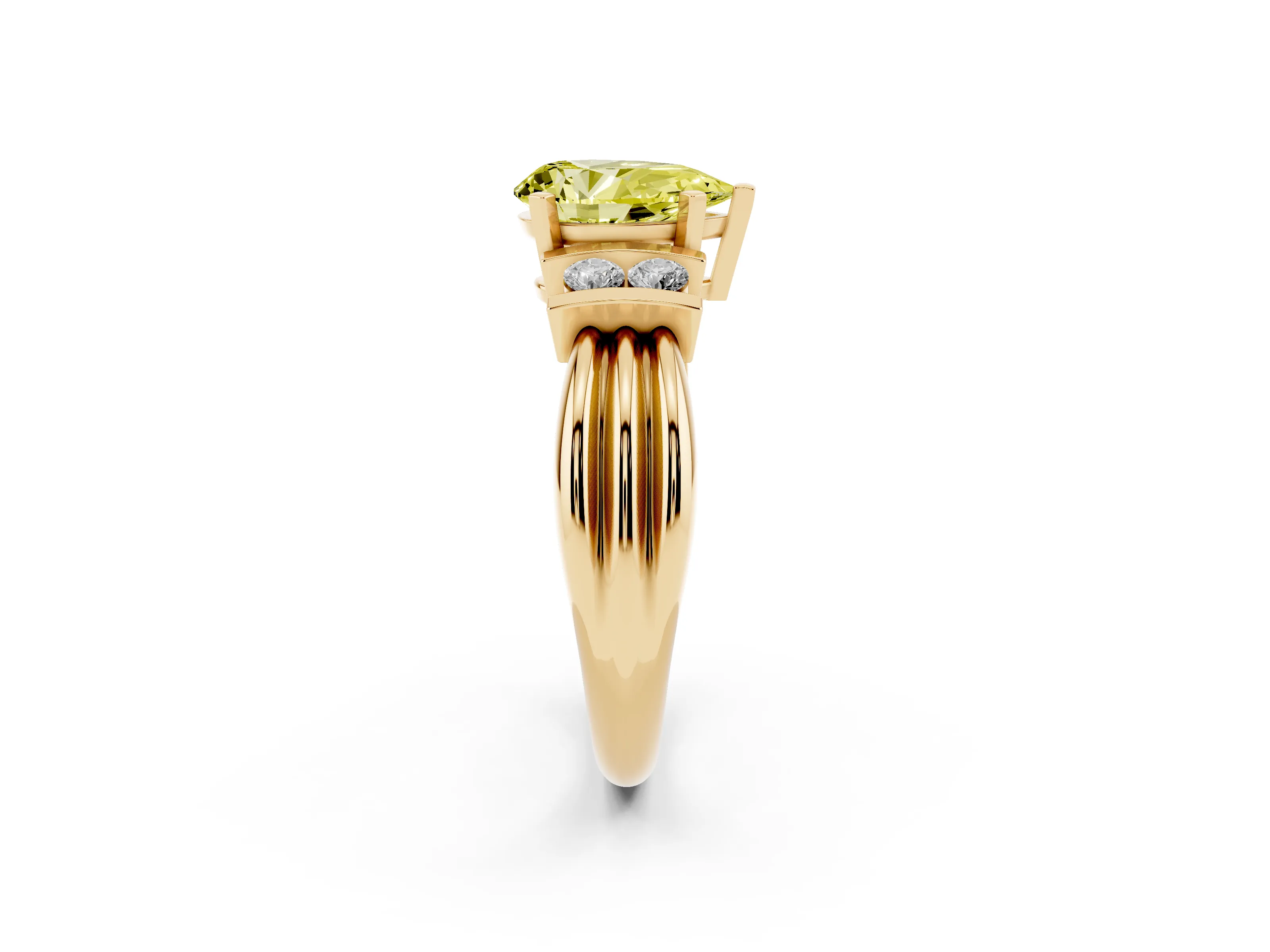 Fancy Yellow Three-Stone Pear Cut Diamond Channel Set Ring Set in Yellow gold with Bar Prongs