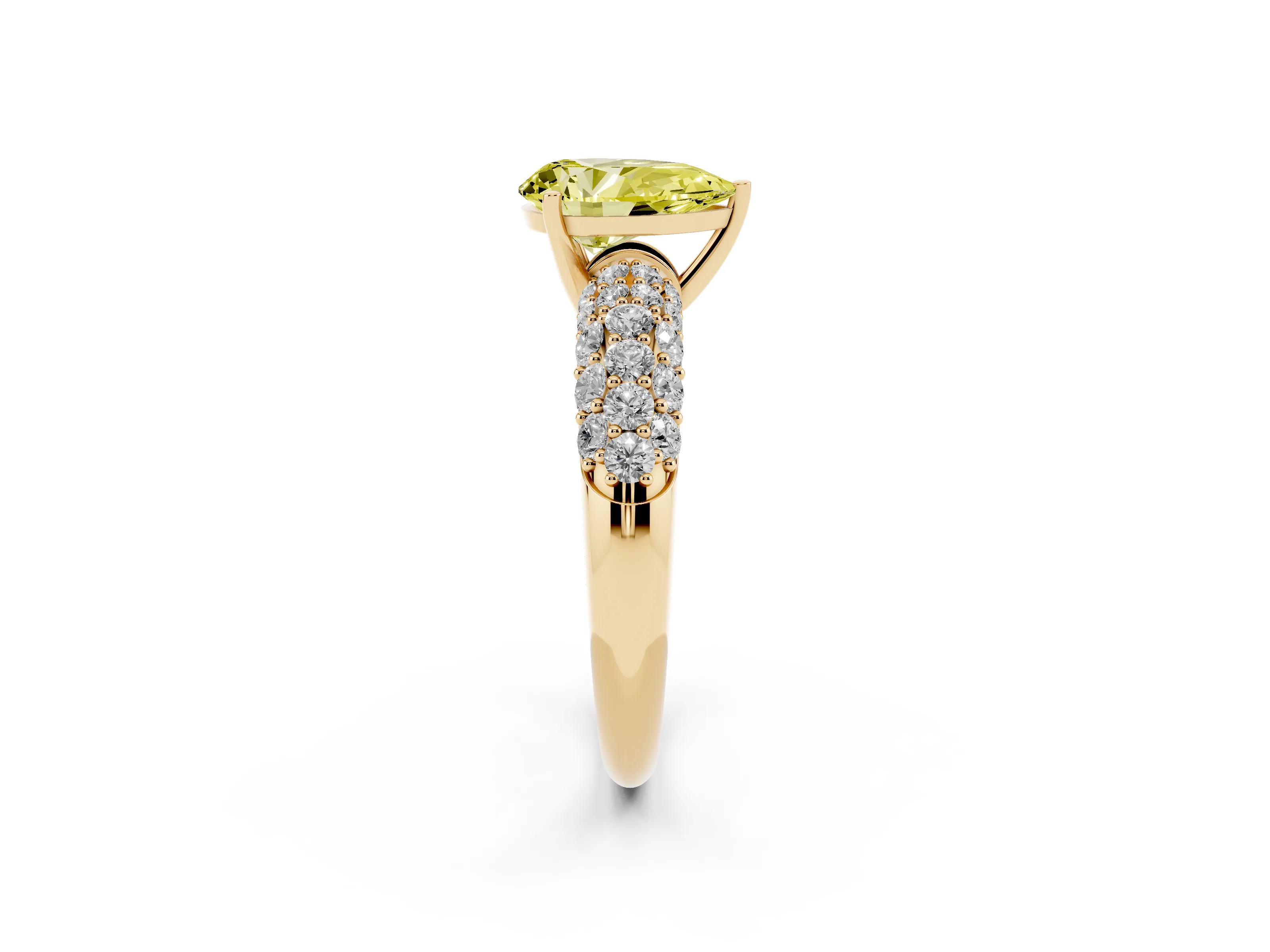Fancy Yellow Pear Cut Diamond Pavé Band Solitaire Ring Set in Yellow gold with Close-Set Accent Stones and Prong Setting