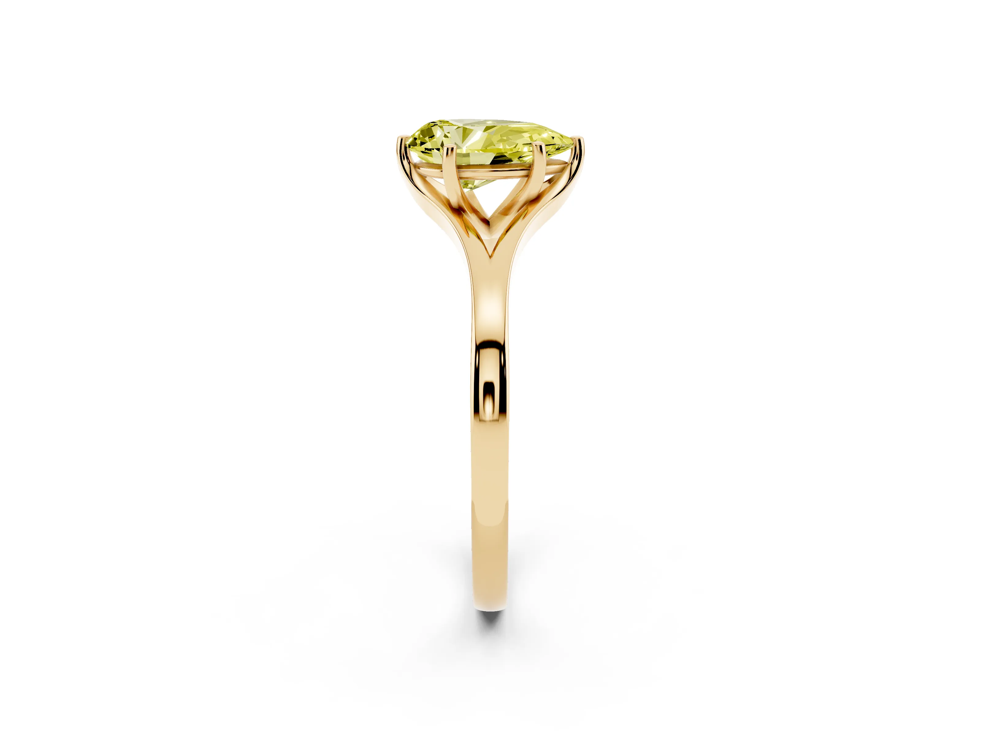 Fancy Yellow Pear Cut Diamond Solitaire Ring Set in Yellow gold with Polished Tapered Band and Prong Setting