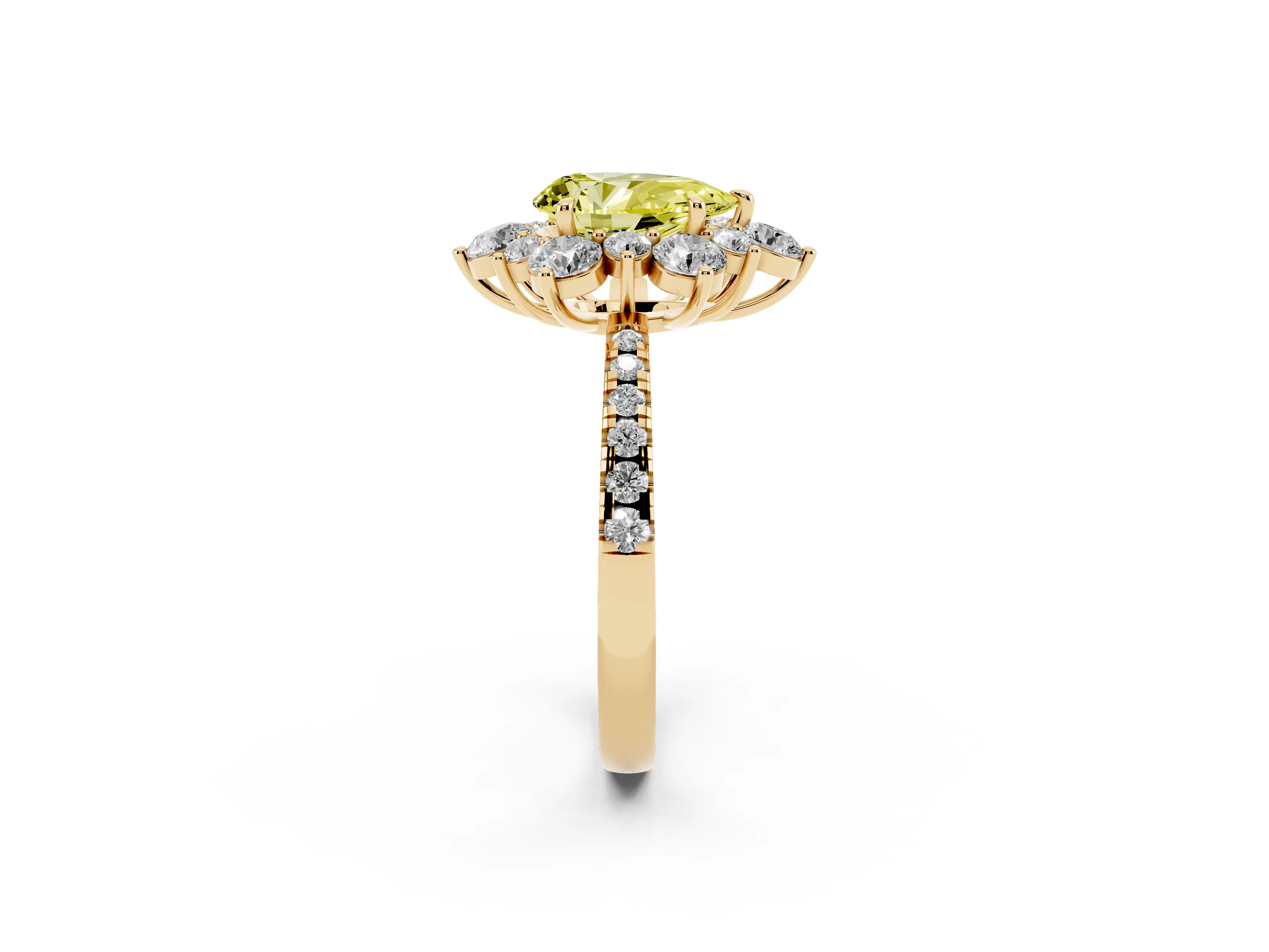 Fancy Yellow Pear Cut Diamond Floral Halo Ring Set in Yellow gold with Round Pavé Band and Prong Setting