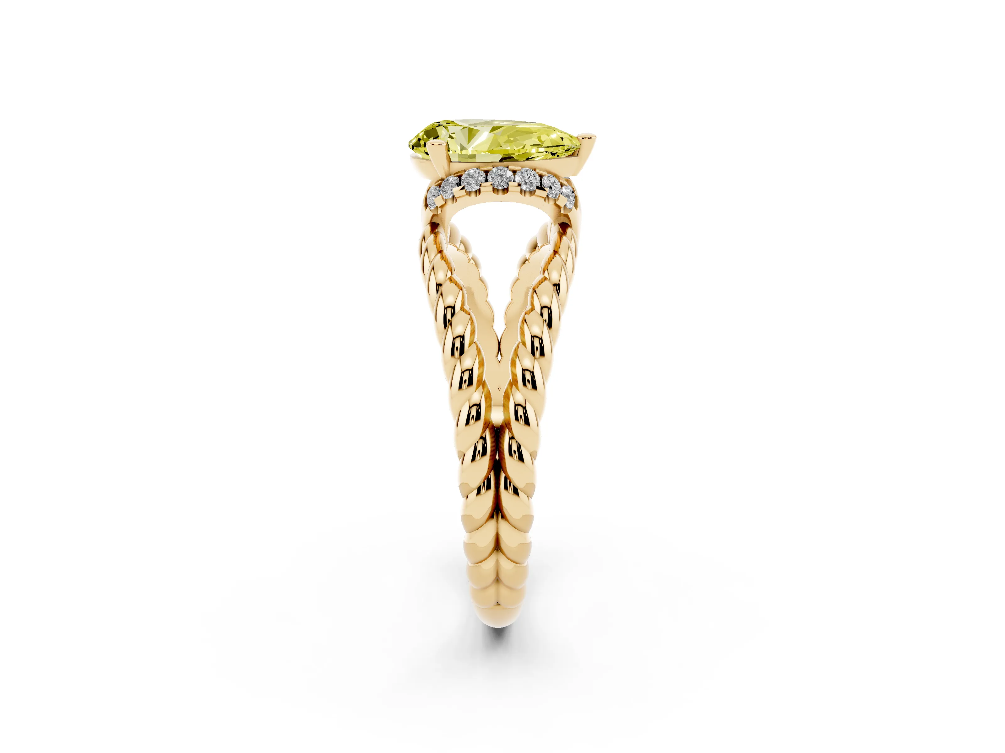 Fancy Yellow Pear Cut Diamond Halo Ring Set in Yellow gold with Twisted Band and Prong Setting