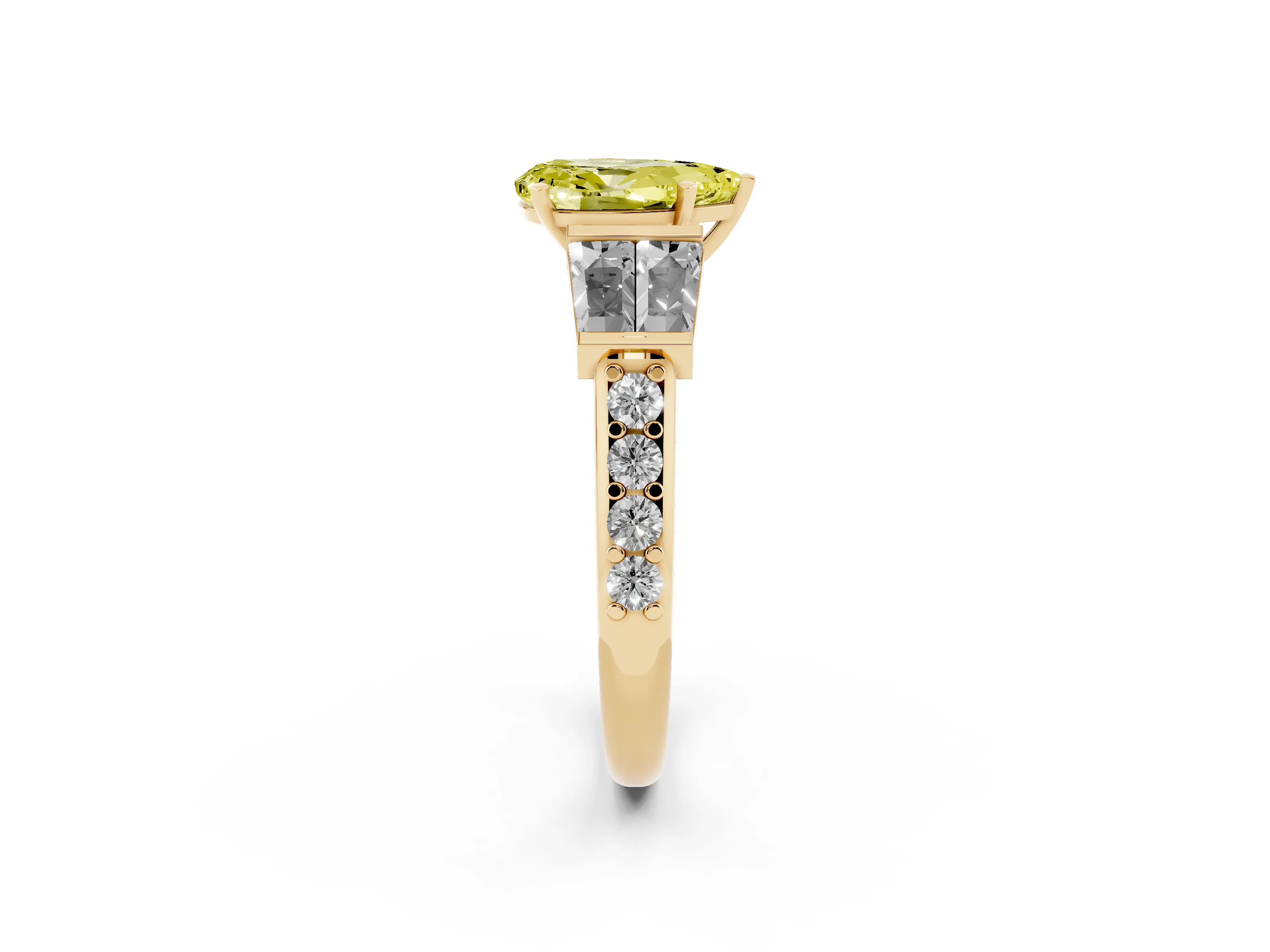 Fancy Yellow Pear Cut Diamond Engagement Ring Set in Yellow gold with Baguette Side Stones and Channel Set Band