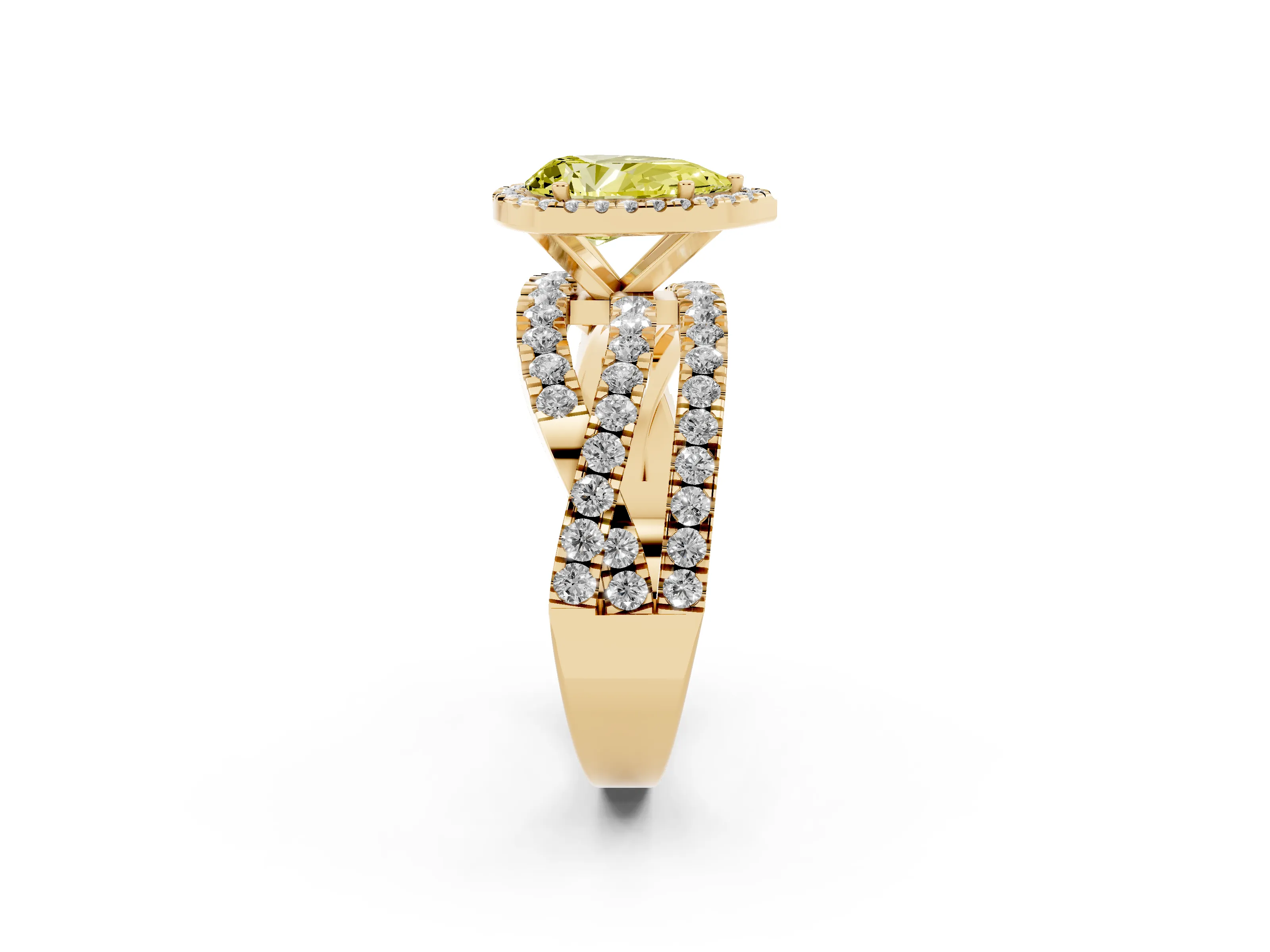 Fancy Yellow Pear Cut Diamond Halo Ring Set in Yellow gold with Round Crossover Split Shank and Prong Setting
