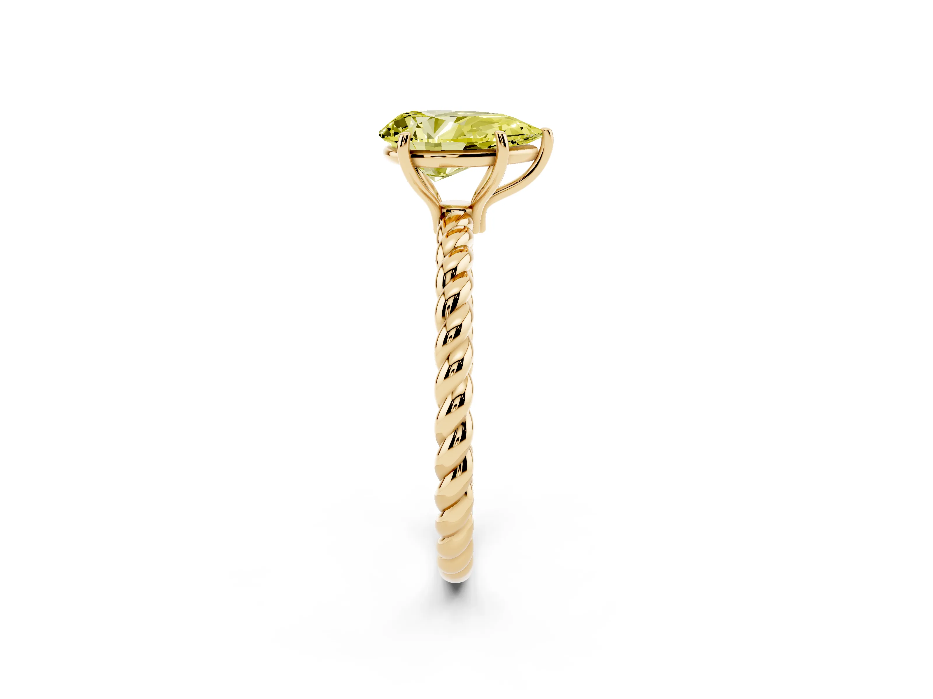 Fancy Yellow Pear Cut Diamond Solitaire Ring Set in Yellow gold with Twist Band and Prong Setting
