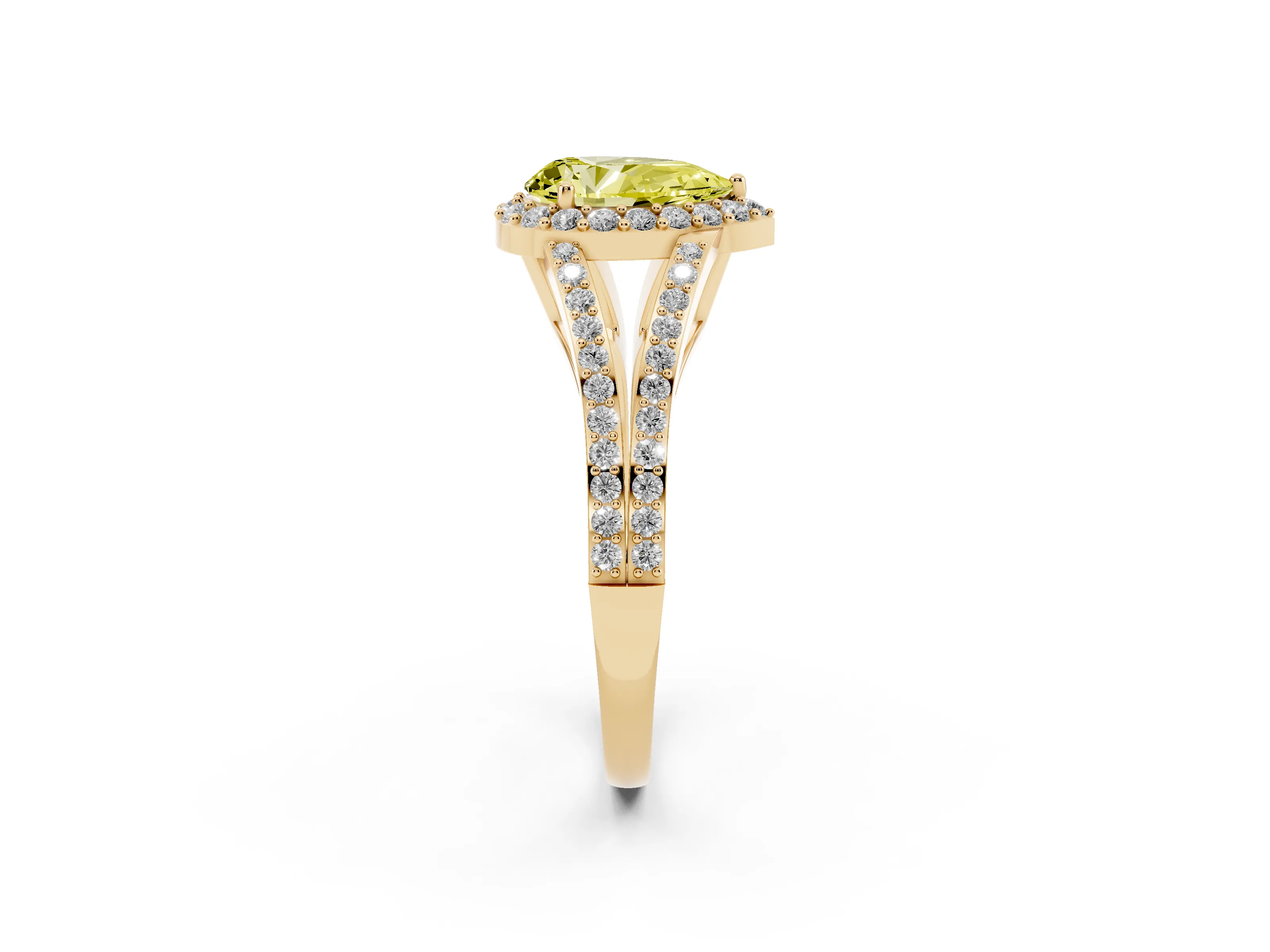 Fancy Yellow Pear Cut Diamond Halo Split Shank Pavé Ring Set in Yellow gold with Prong Setting