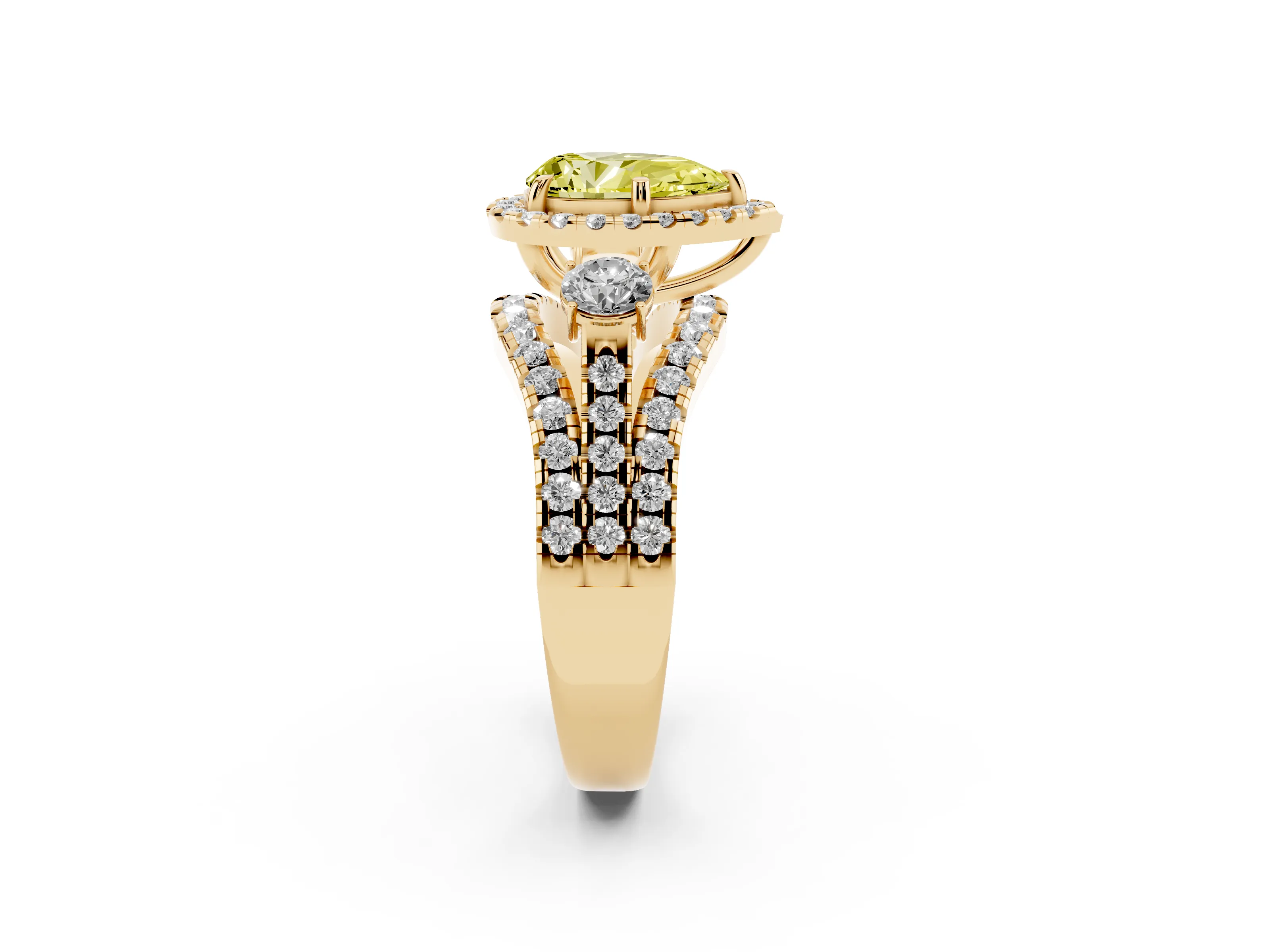 Fancy Yellow Pear Cut Diamond Halo Split Shank Ring Set in Yellow gold with Round Accent Stones and Prong Setting