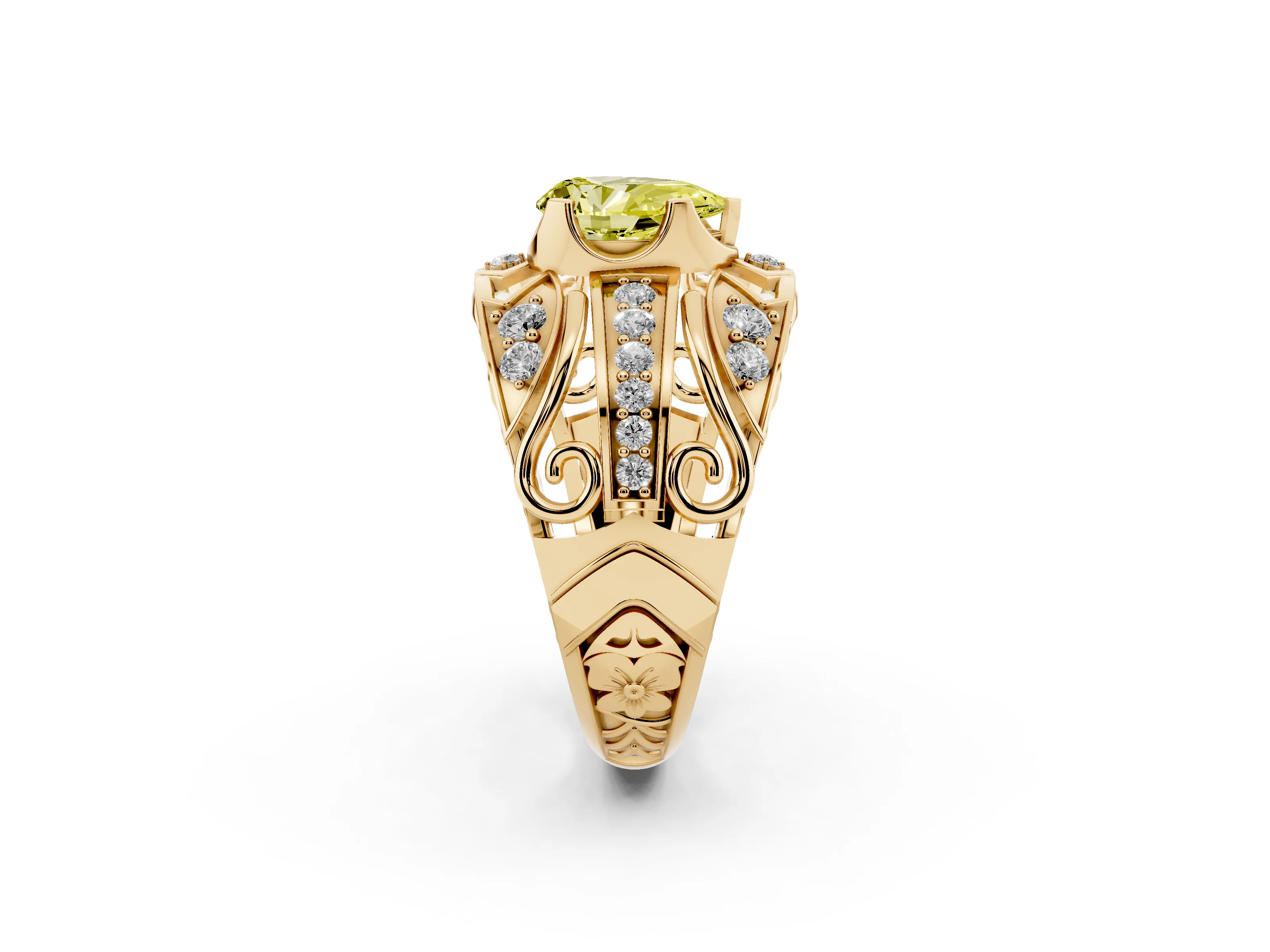 Fancy Yellow Pear Cut Diamond Art Deco Ring Set in Yellow gold with Pavé Split Shank