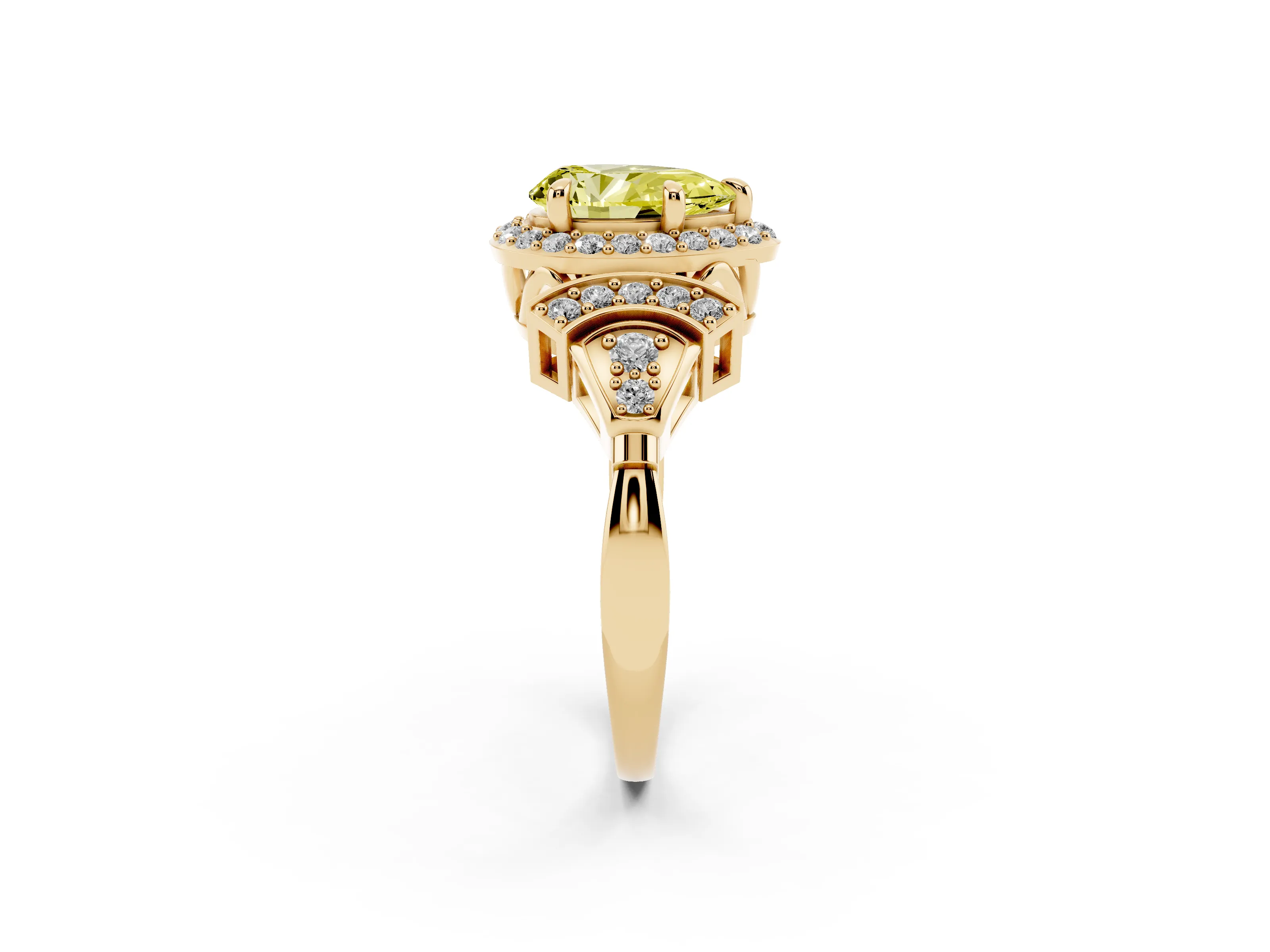 Fancy Yellow Pear Cut Diamond Halo Engagement Ring Set in Yellow gold with Accent Stone Split Shank