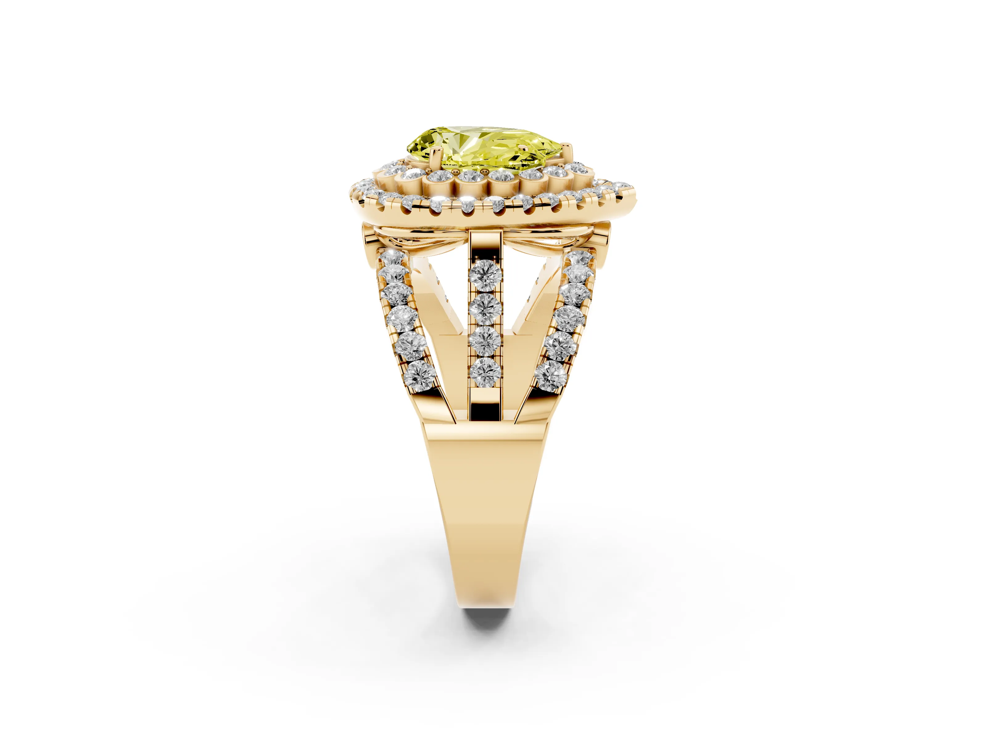 Fancy Yellow Pear Cut Diamond Double Halo Ring Set in Yellow gold with Round Pavé Split Shank
