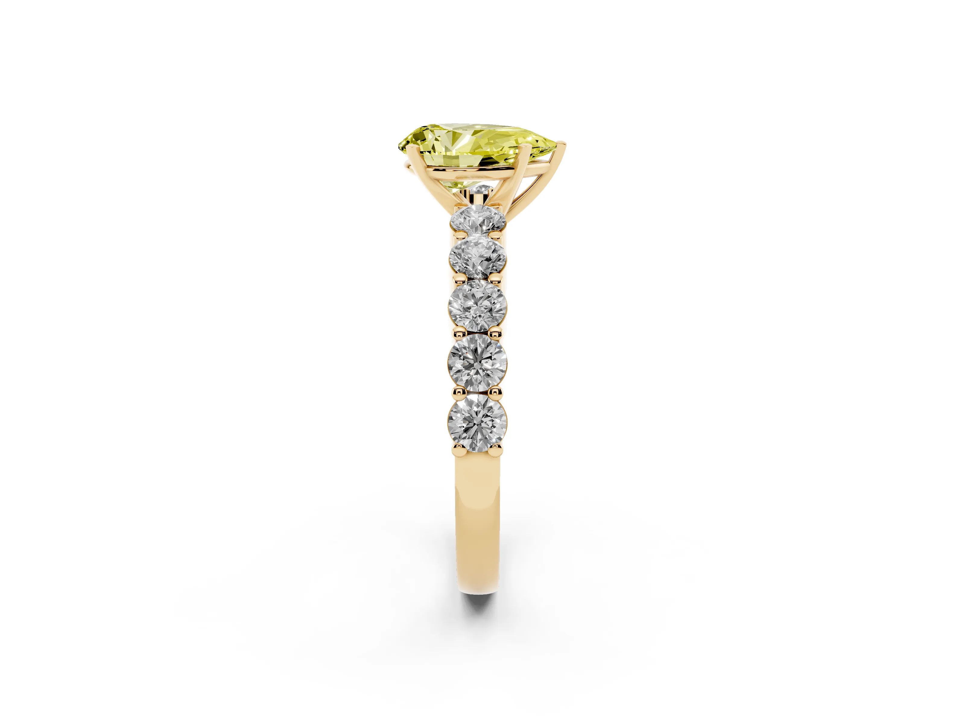 Fancy Yellow Pear Cut Diamond Solitaire Ring Set in Yellow gold with Shared Prong Round Side Stones