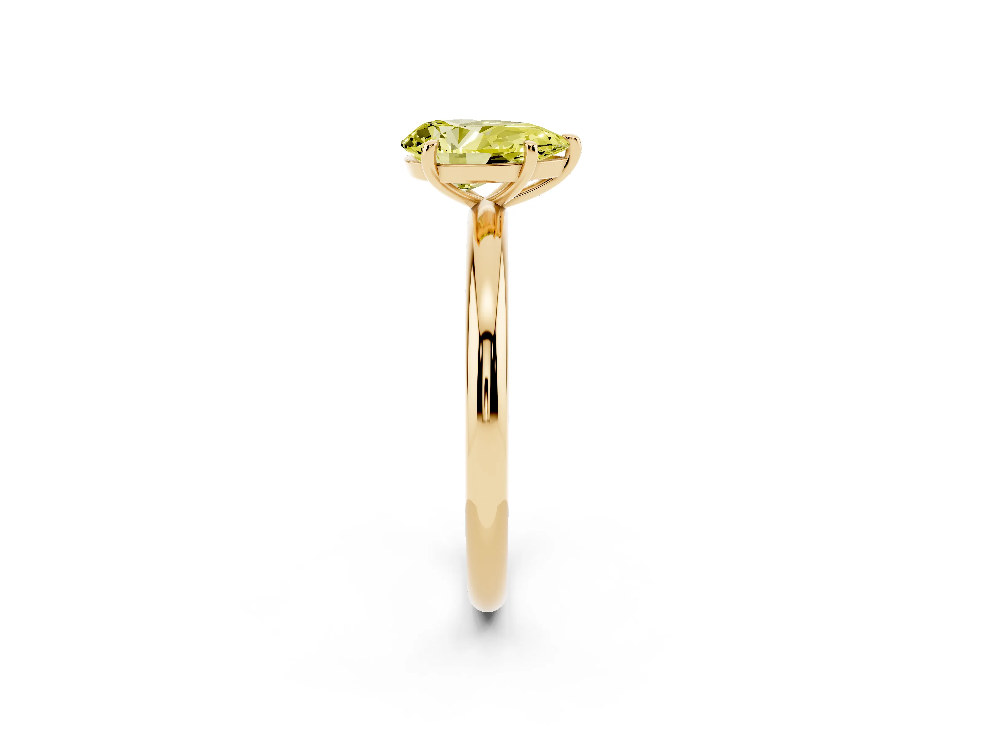 Fancy Yellow Pear Cut Diamond Solitaire Ring Set in Yellow gold with Prong Setting on a Polished Plain Band