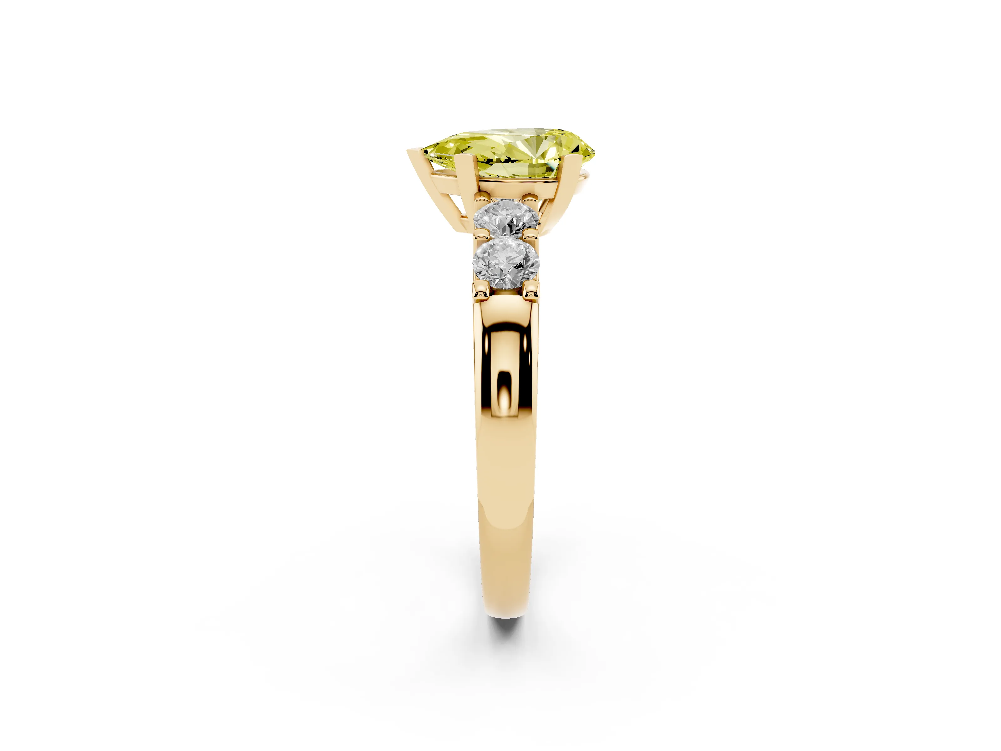 Fancy Yellow Pear Cut Diamond Five-Stone Prong Set Engagement Ring Set in Yellow gold with Channel Band