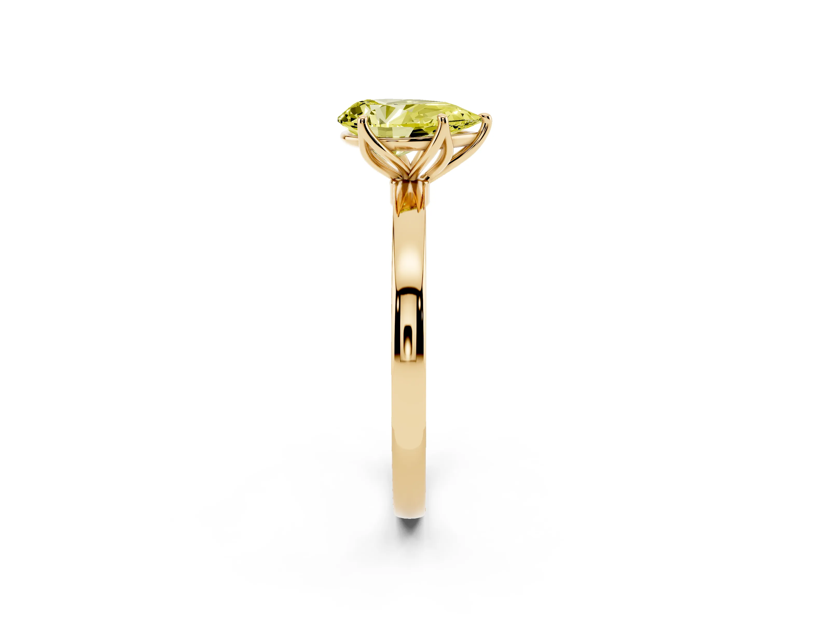 Fancy Yellow Pear Cut Diamond Solitaire Ring Set in Yellow gold with Prong Setting and Thin Polished Band