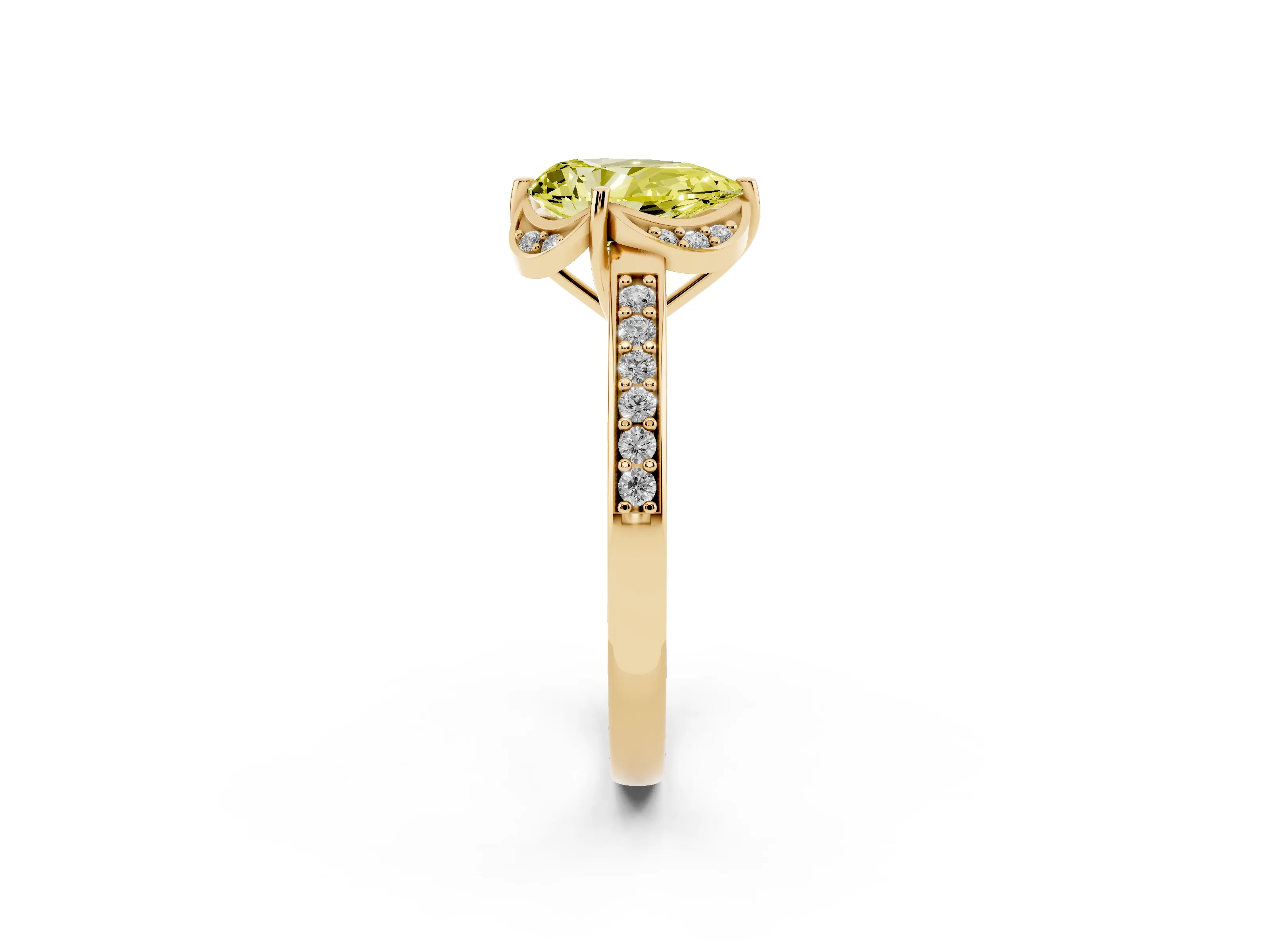 Fancy Yellow Pear Cut Diamond Halo Ring Set in Yellow gold with Channel Set Band and Prong Setting