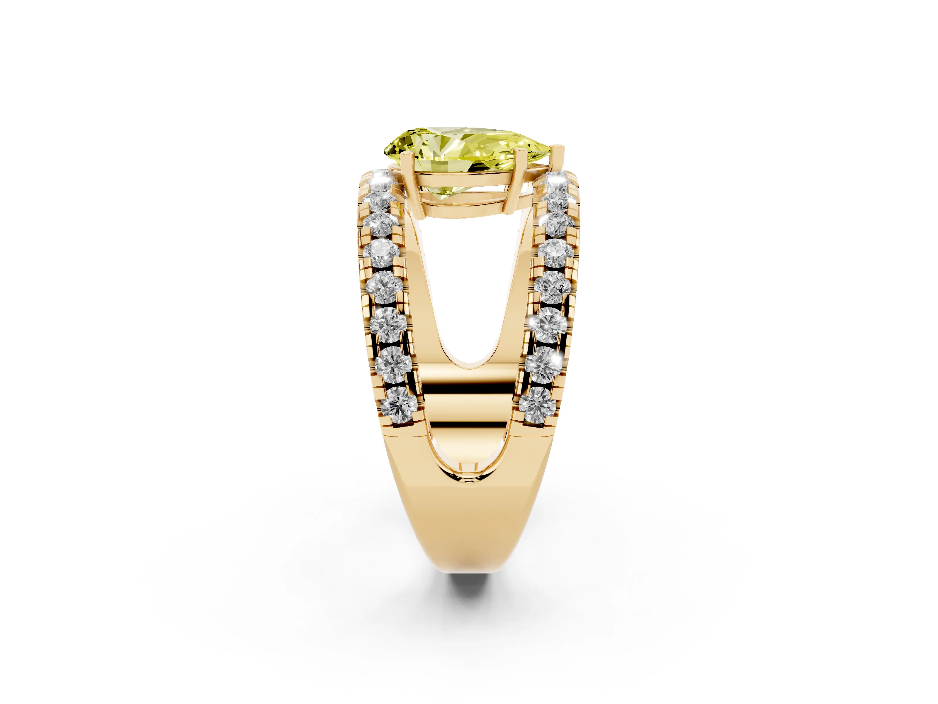 Fancy Yellow Pear Cut Diamond Split Shank Pavé Solitaire Ring Set in Yellow gold with Open Shank Design