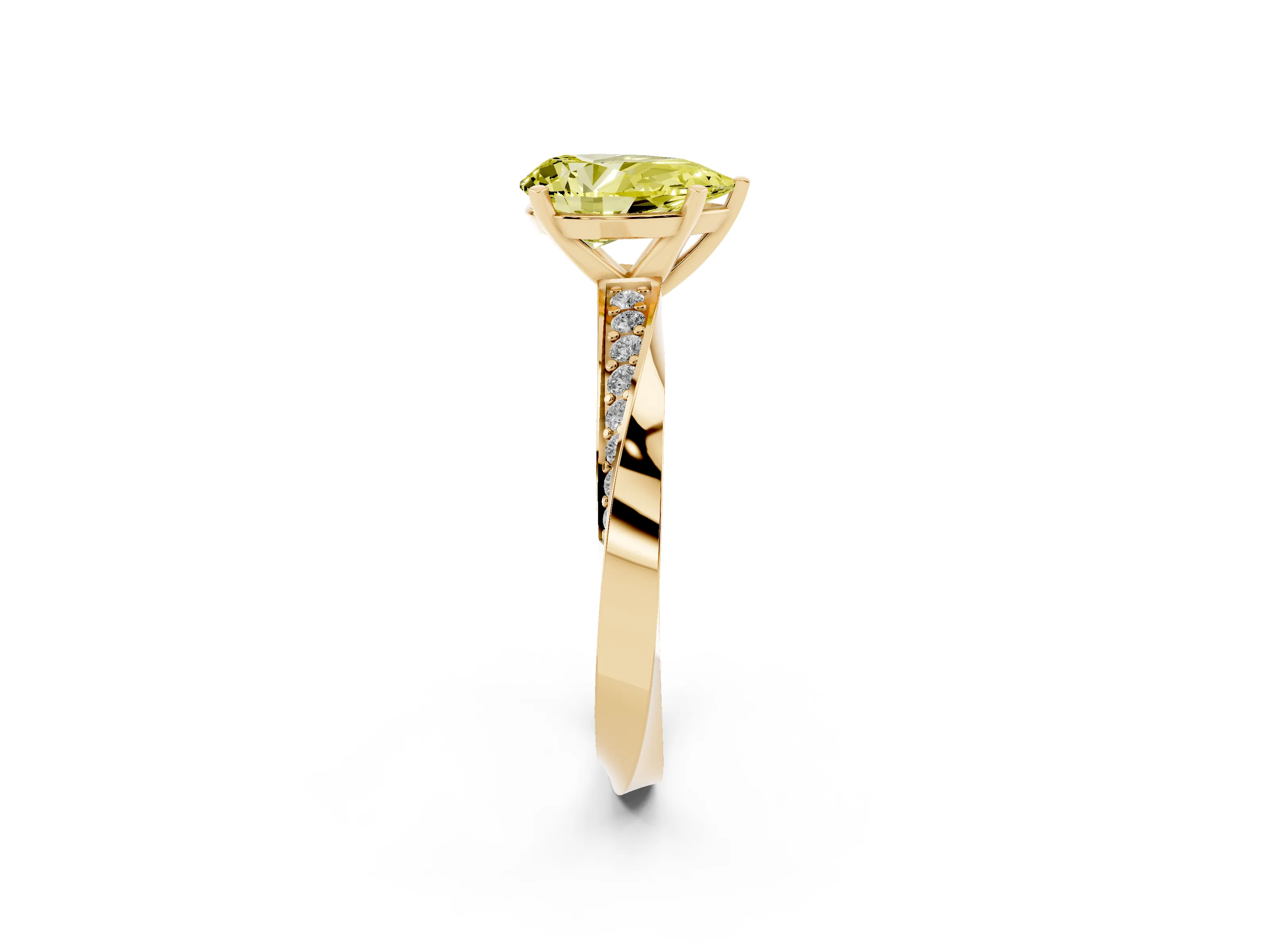 Fancy Yellow Pear Cut Diamond Engagement Ring Set in Yellow gold with Side Stone Accents and Prong Setting