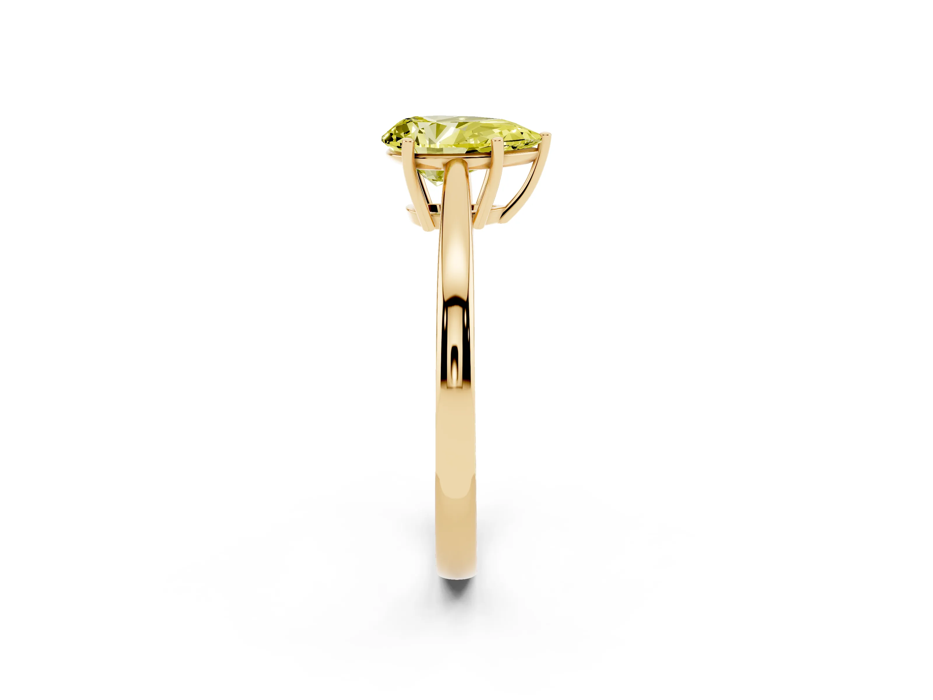 Fancy Yellow Pear Cut Diamond Solitaire Ring Set in Yellow gold with Split Shank and Prong Setting