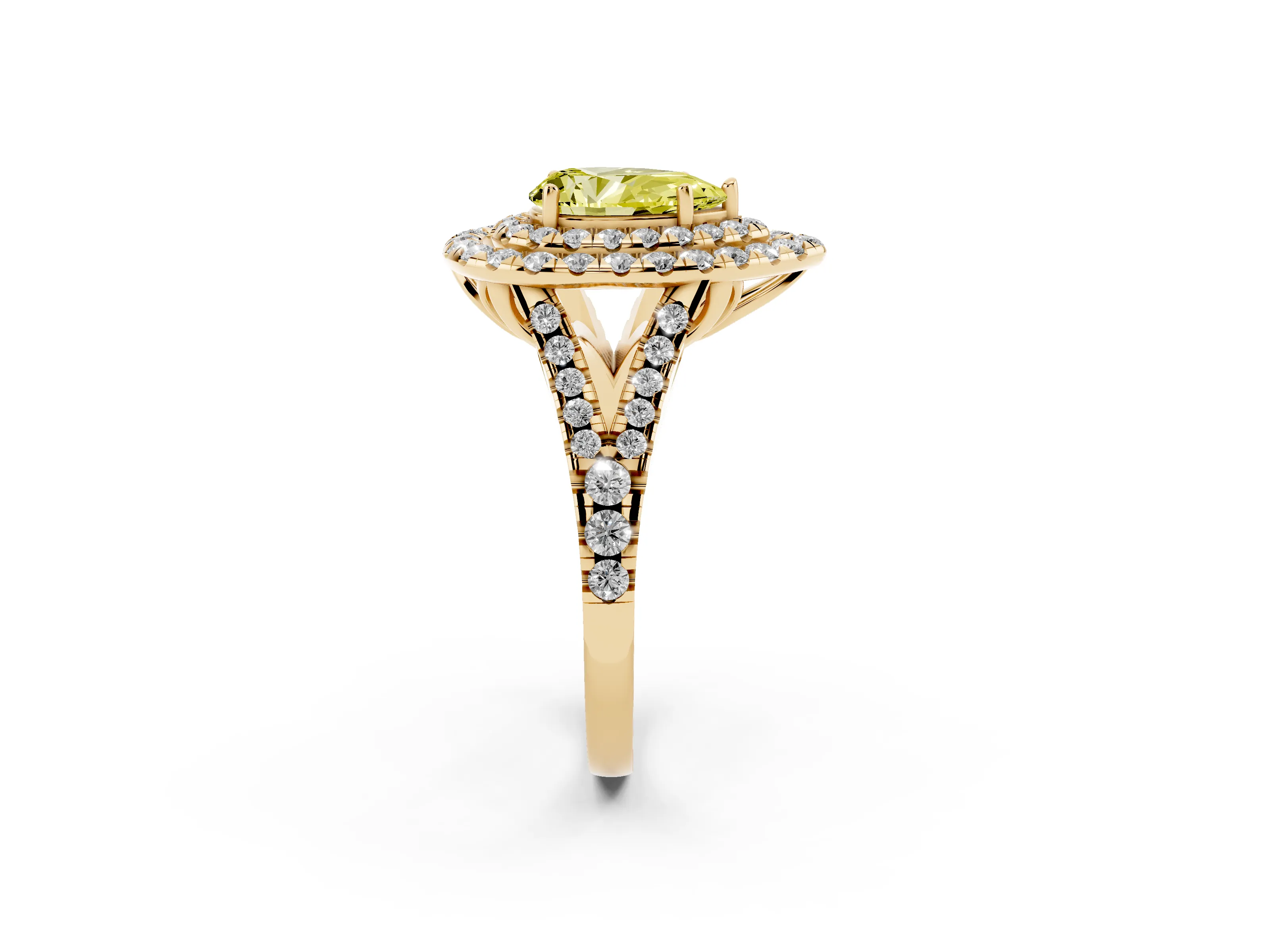 Fancy Yellow Pear Cut Diamond Double Halo Ring Set in Yellow gold with Pavé Split Shank and Prong Setting