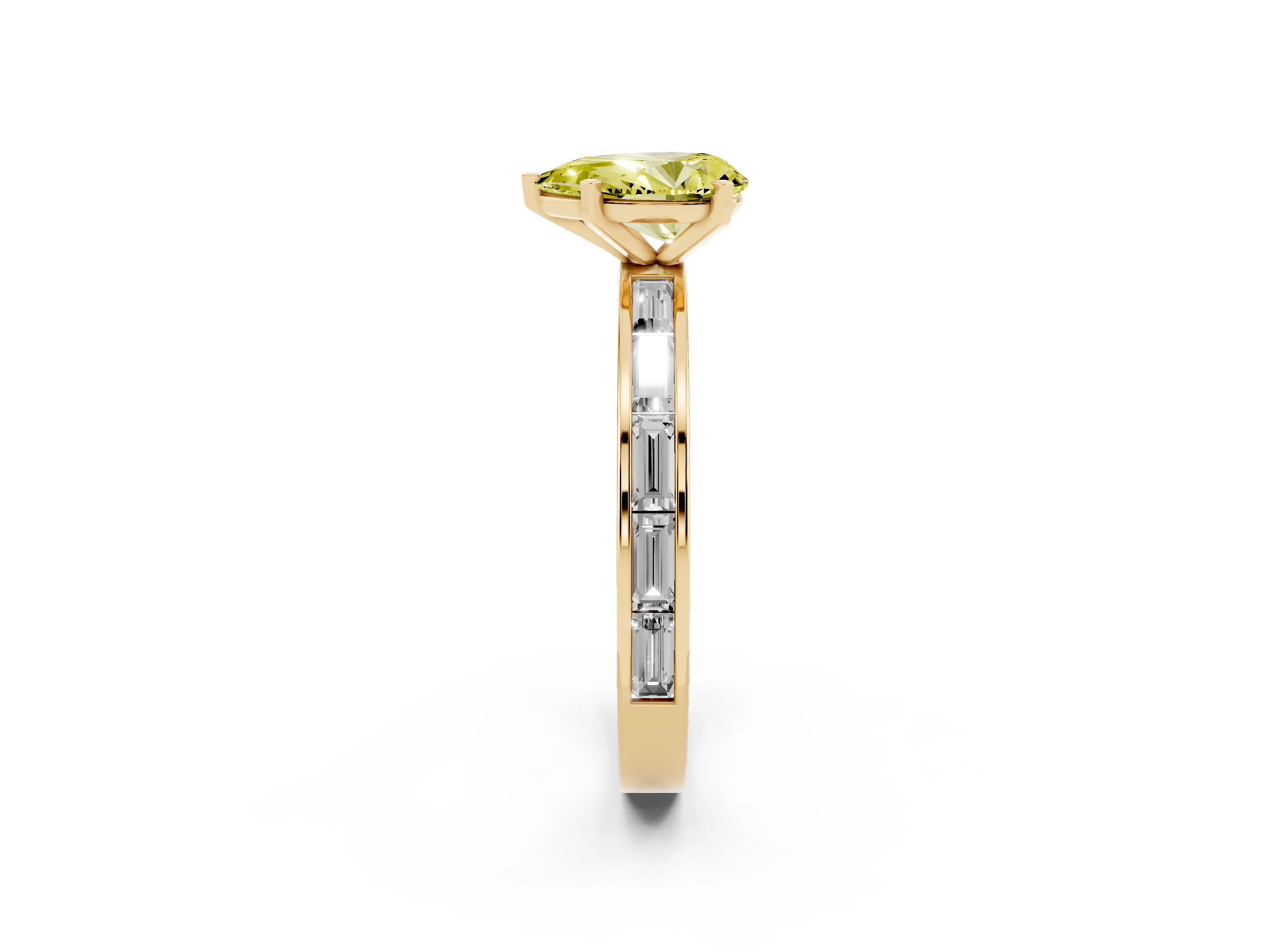 Fancy Yellow Pear Cut Diamond Solitaire Ring Set in Yellow gold with Channel-Set Baguette Band and Prong Setting
