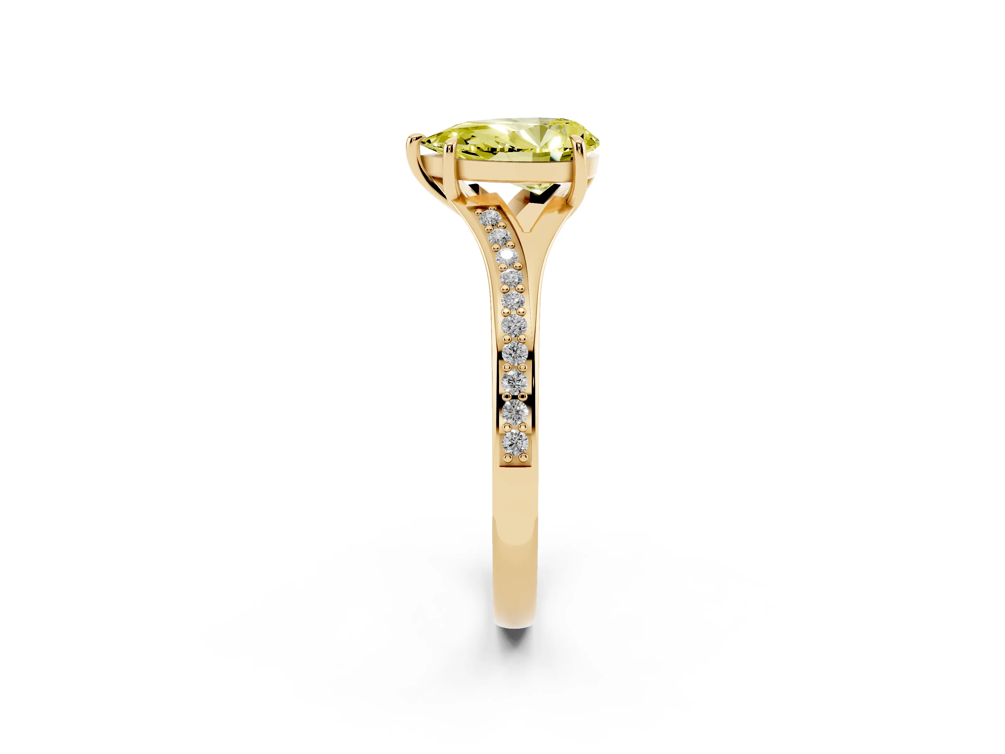 Fancy Yellow Pear Cut Diamond Solitaire Ring Set in Yellow gold with Pavé Accent Band and Classic Prong Setting