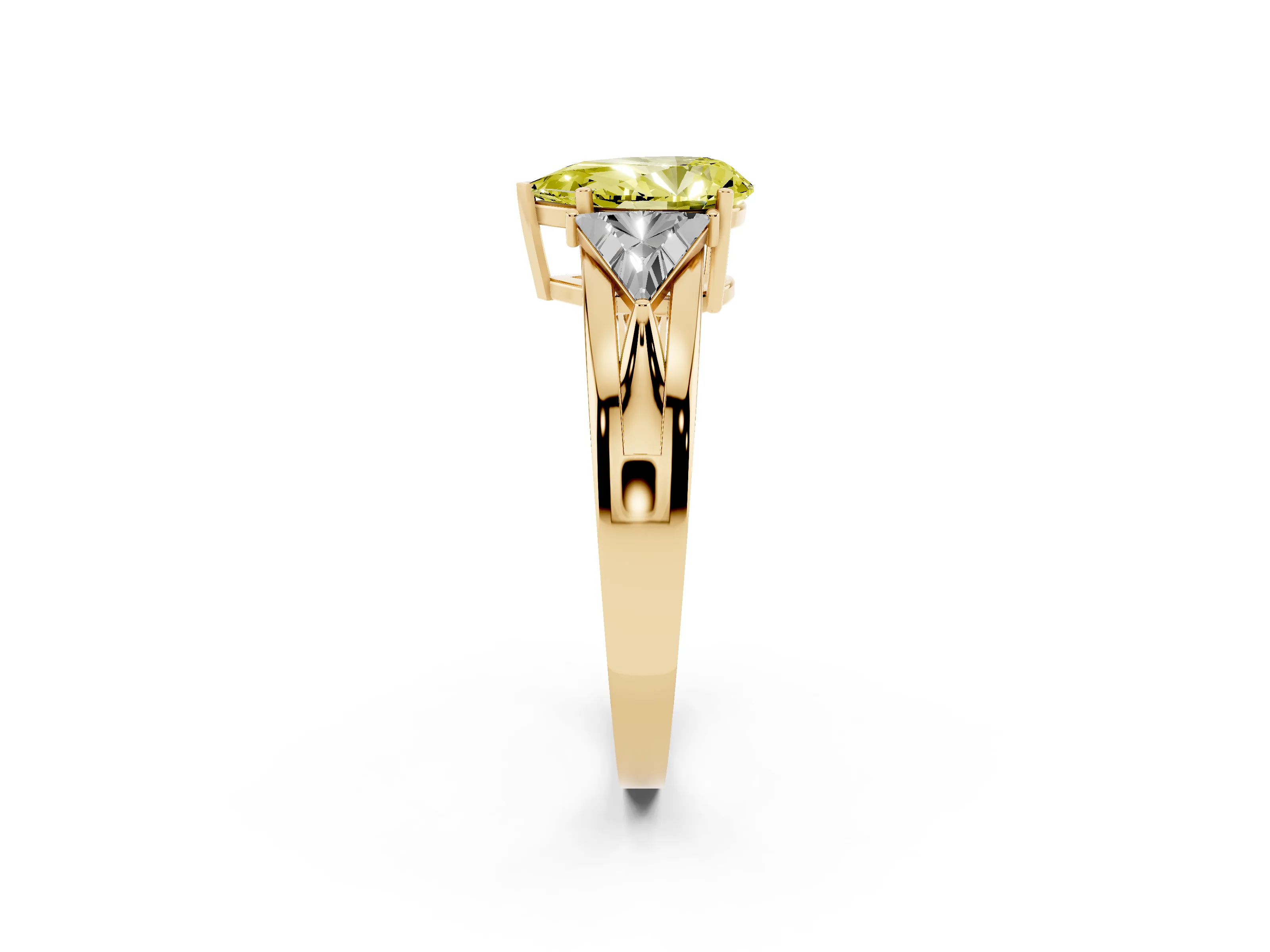 Fancy Yellow Pear Cut Diamond Three-Stone Ring Set in Yellow gold with Trillion Side Stones and Split Shank