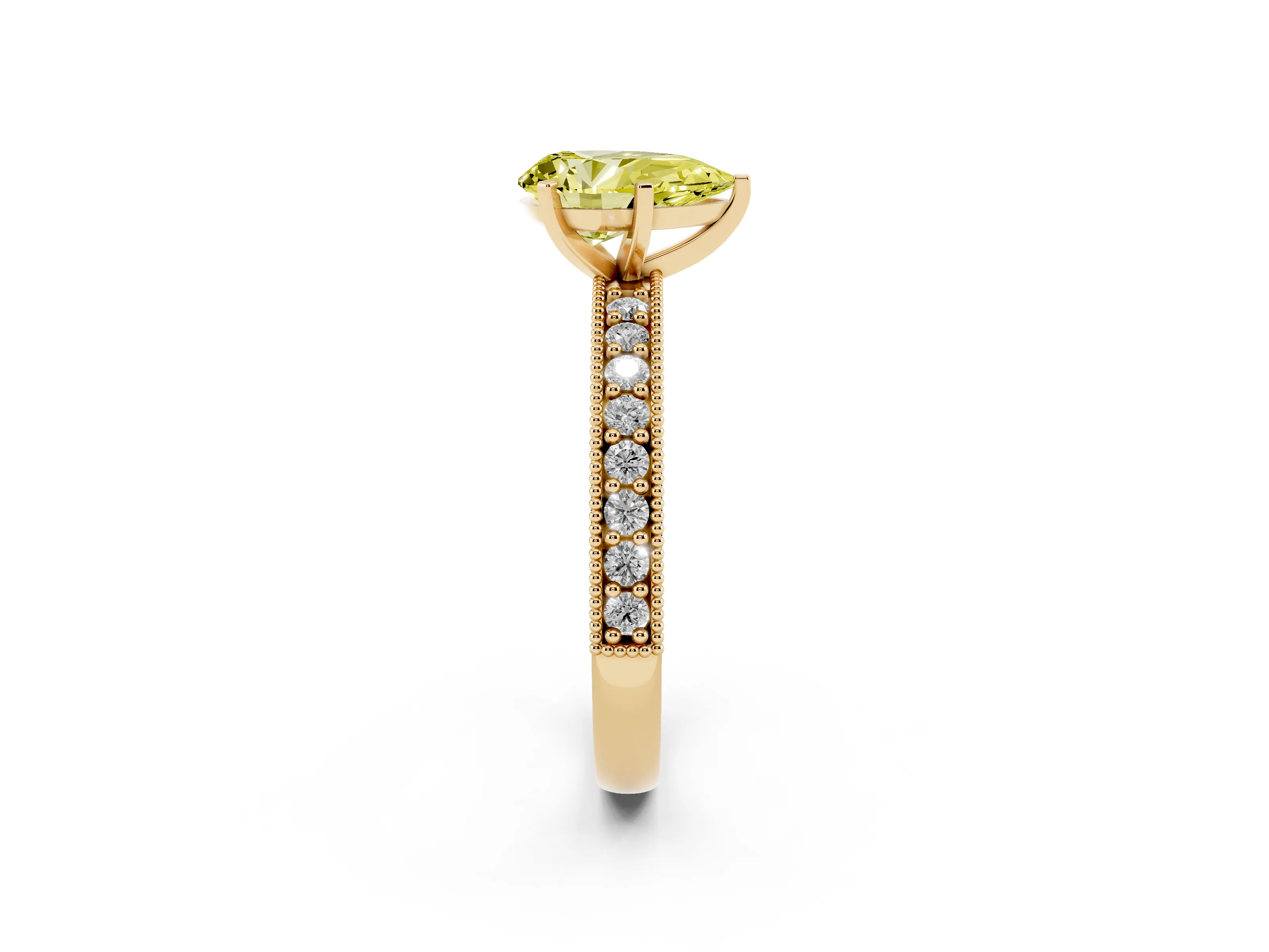 Fancy Yellow Pear Cut Diamond Milgrain Pavé Engagement Ring Set in Yellow gold with Prong Setting