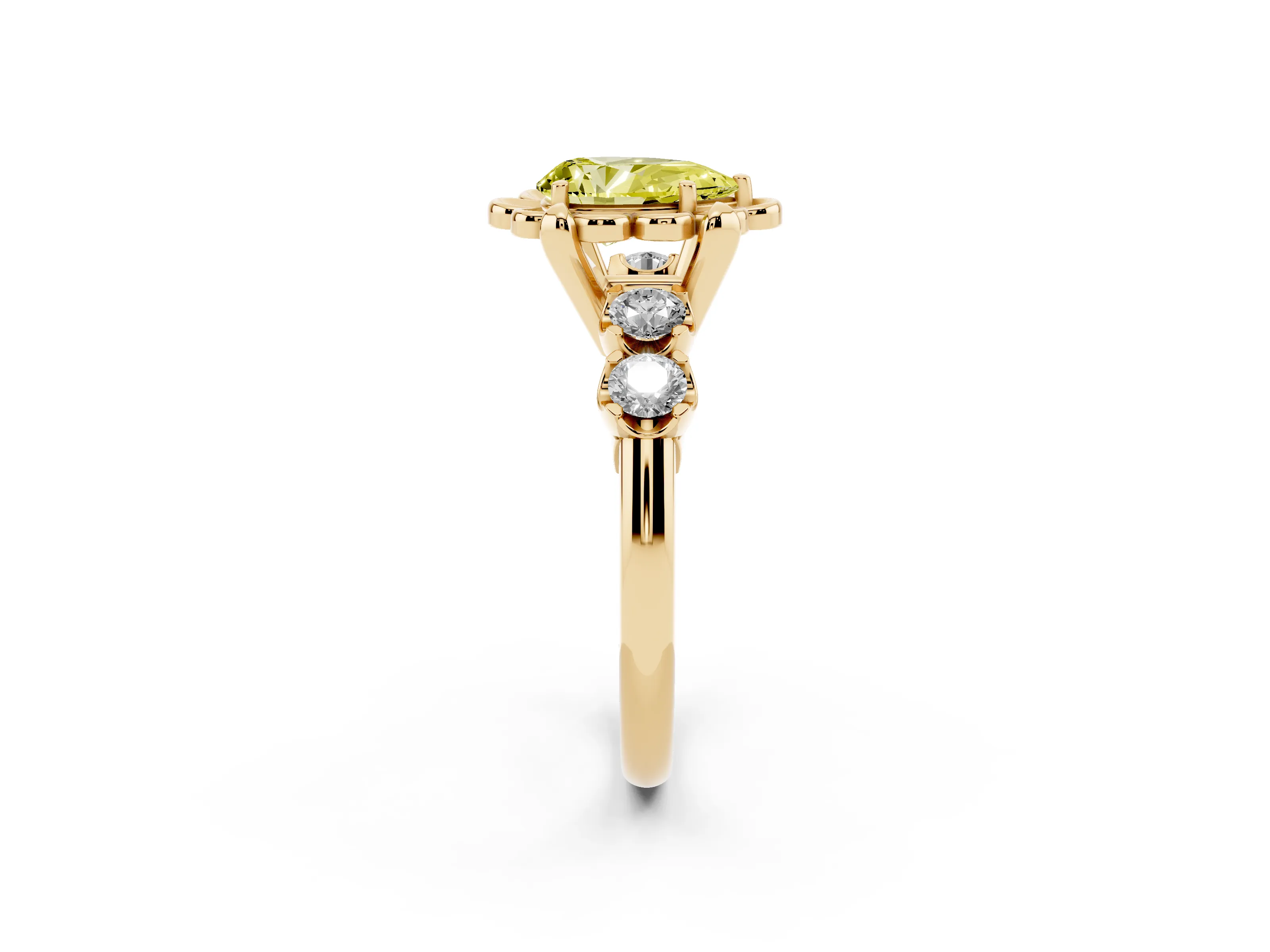 Fancy Yellow Pear Cut Diamond Floral Halo Ring Set in Yellow gold with Shared Prong Band