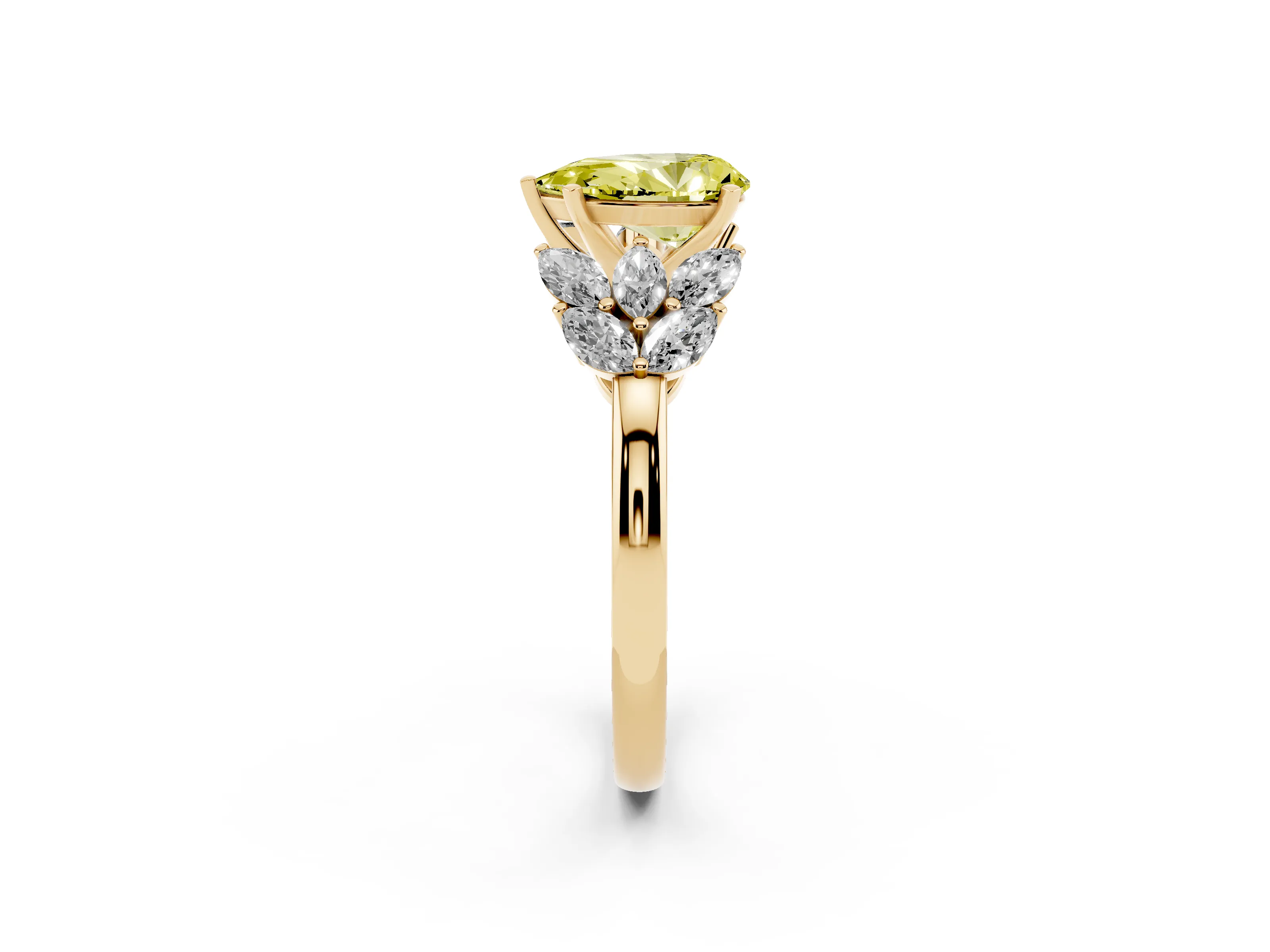 Fancy Yellow Pear Cut Diamond Cluster Leaf Design Ring Set in Yellow gold with Prong Setting