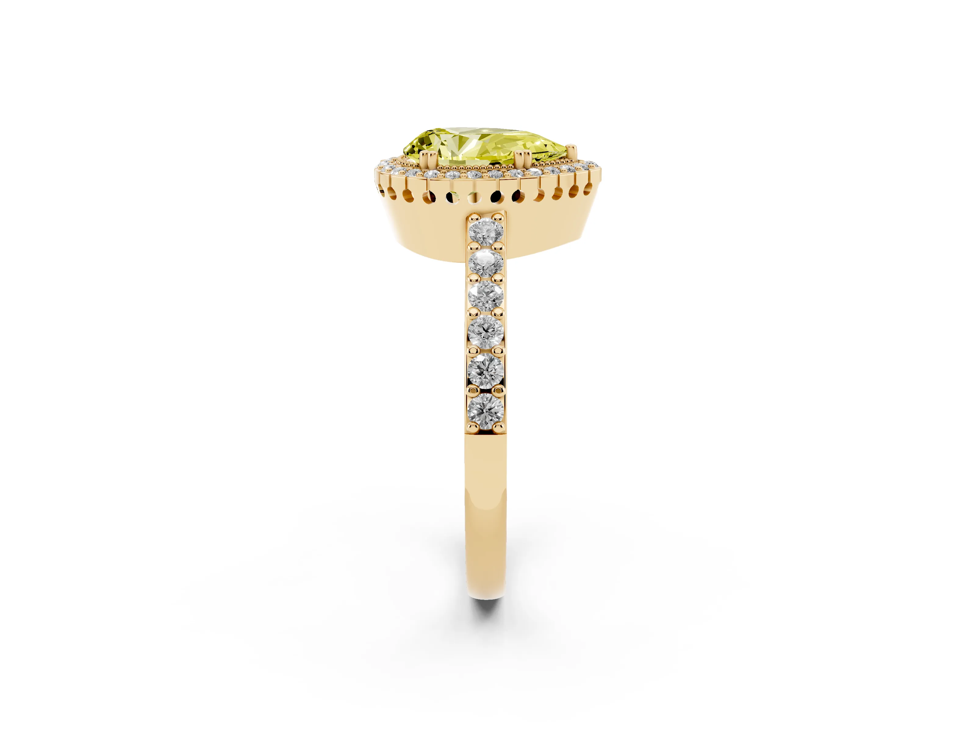 Fancy Yellow Pear Cut Diamond Halo Engagement Ring Set in Yellow gold with Milgrain Detail and Pavé Band