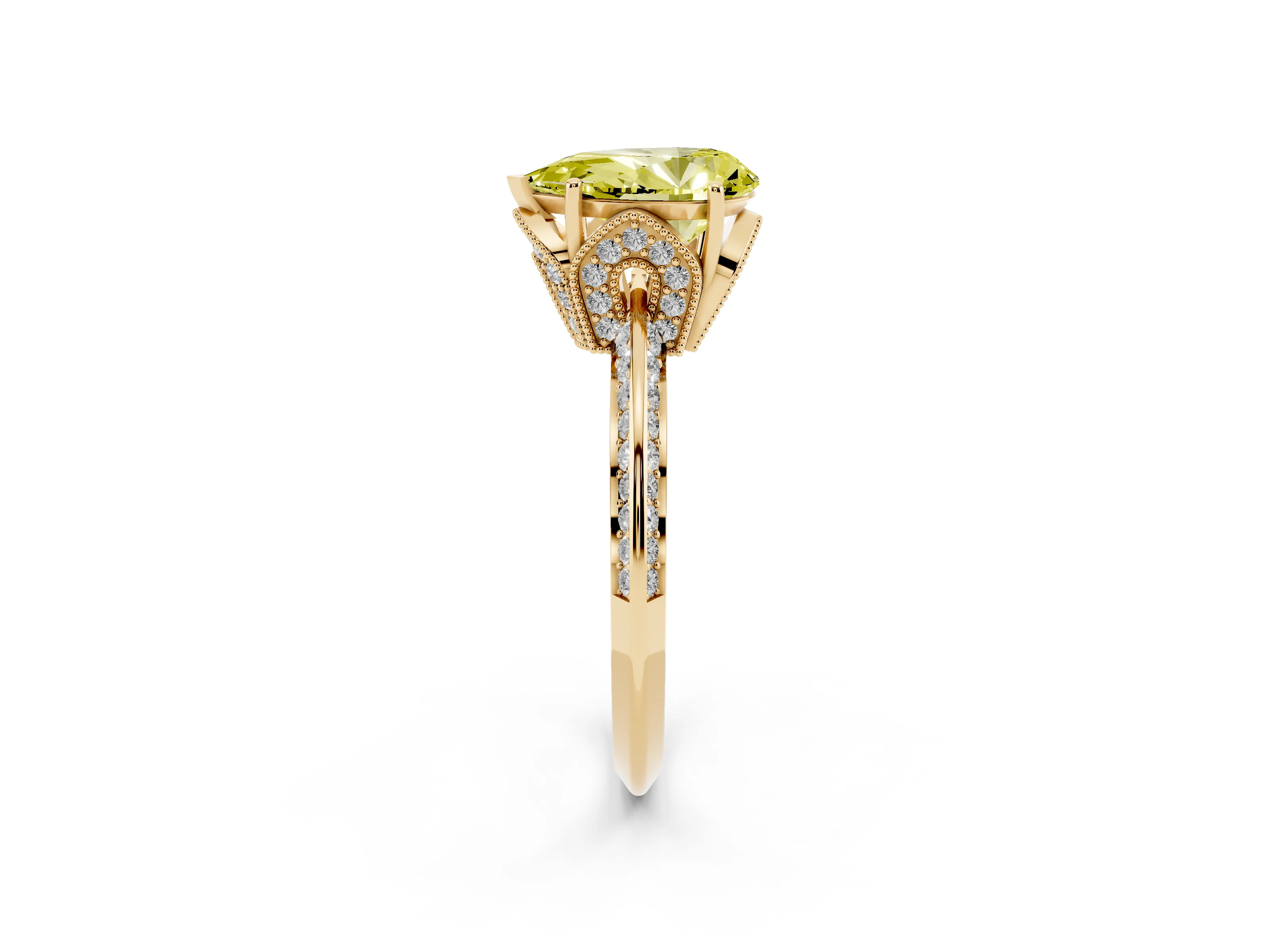 Fancy Yellow Pear Cut Diamond Solitaire Engagement Ring Set in Yellow gold with Pavé Split Shank and Prong Setting