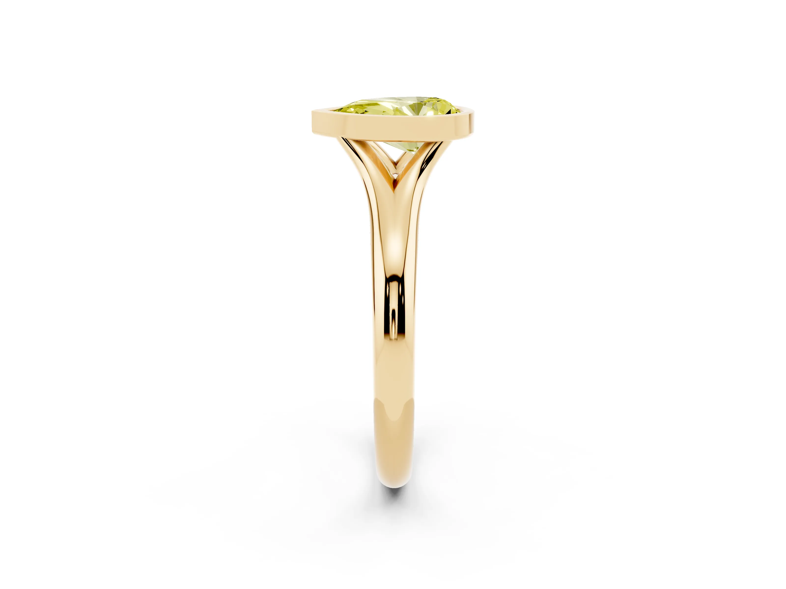 Fancy Yellow Bezel Set Pear Cut Diamond Solitaire Ring Set in Yellow gold with Smooth Band