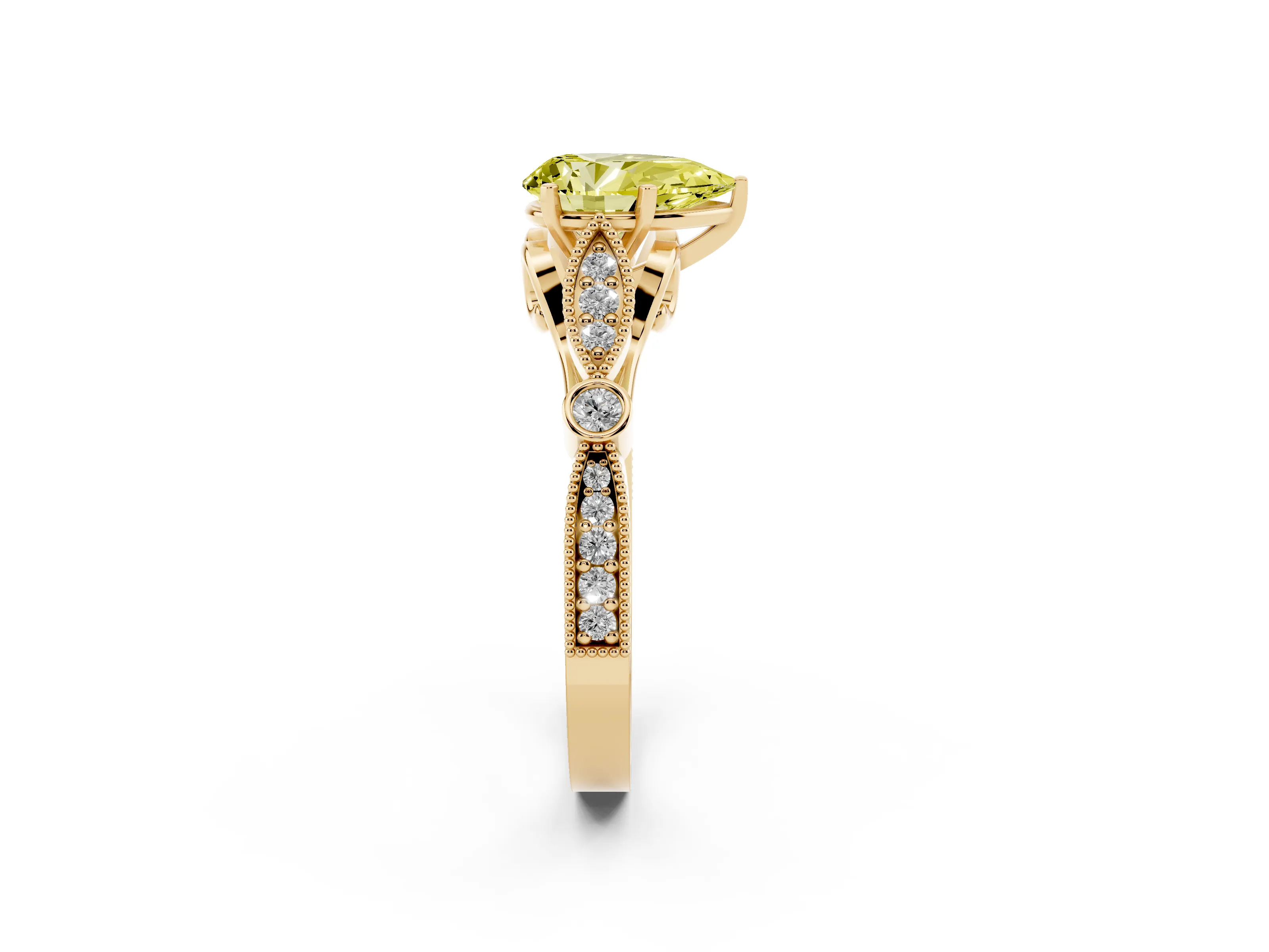 Fancy Yellow Pear Cut Diamond Solitaire Ring Set in Yellow gold with Milgrain Marquise and Bezel Accents
