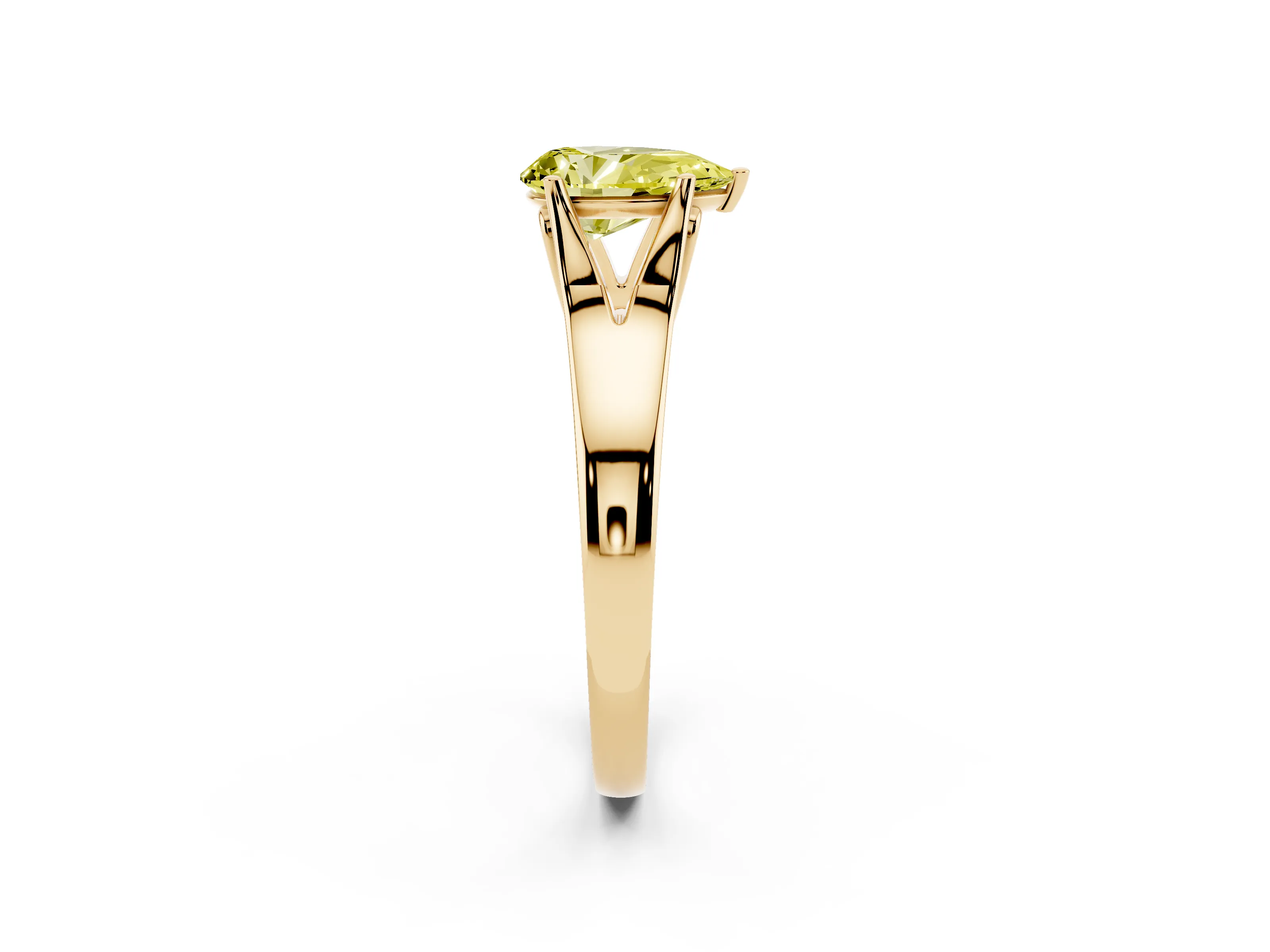 Fancy Yellow Pear Cut Diamond Solitaire Ring Set in Yellow gold with Arched Cathedral Band and Prong Setting