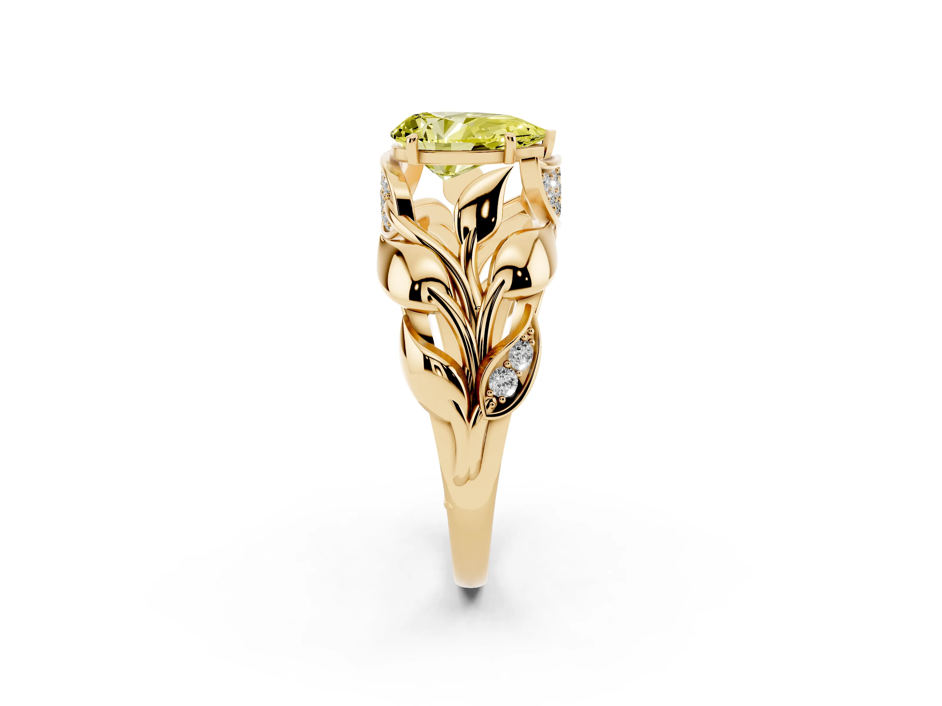 Fancy Yellow Pear Cut Diamond Leaf-Inspired Engagement Ring Set in Yellow gold with Round Accents