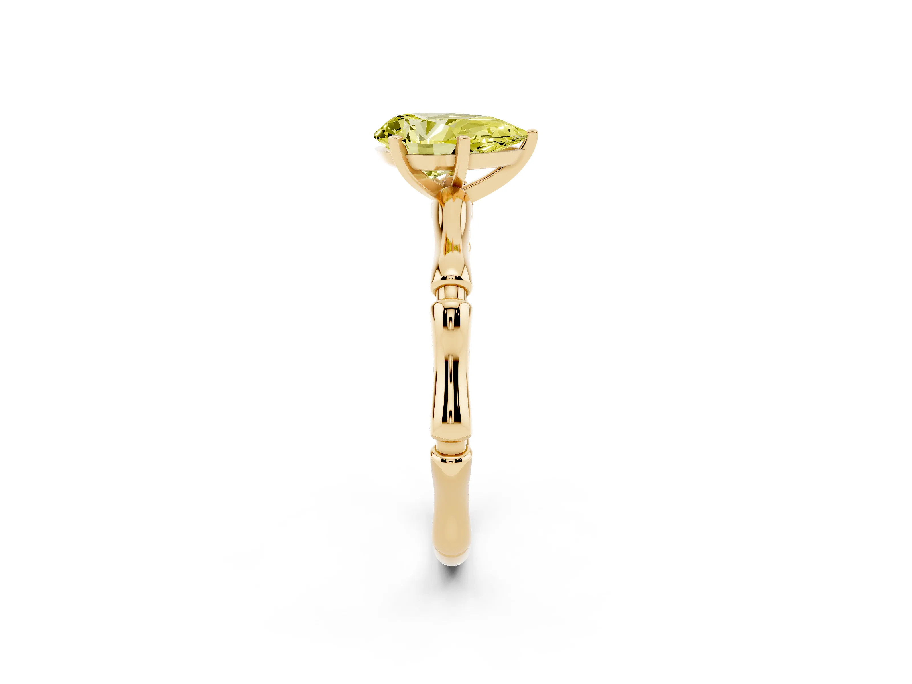 Fancy Yellow Pear Cut Diamond Solitaire Ring Set in Yellow gold with Bamboo Band and Prong Setting