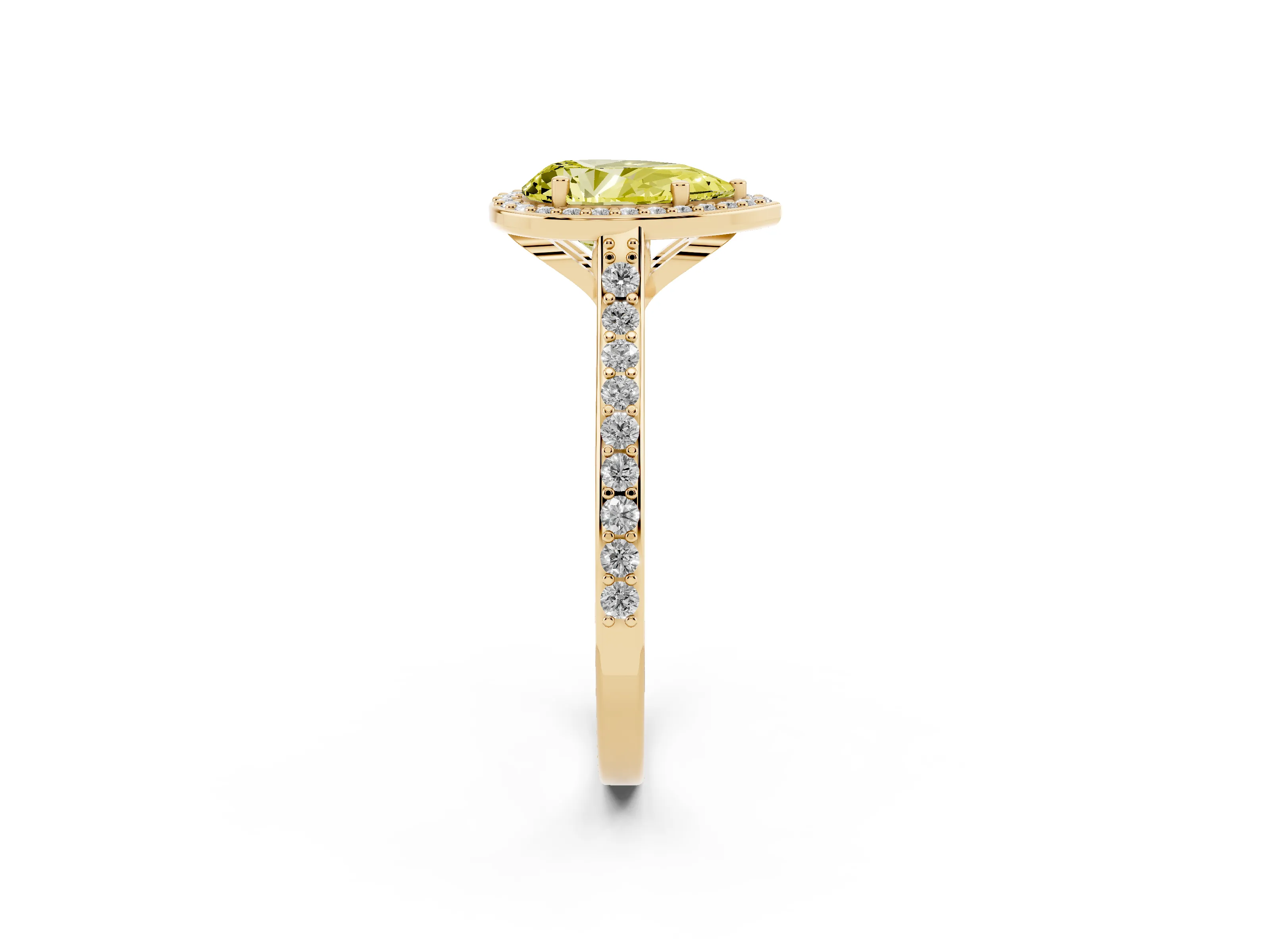 Fancy Yellow Pear Cut Diamond Halo Engagement Ring Set in Yellow gold with Round Pavé Shoulders and Heart Gallery