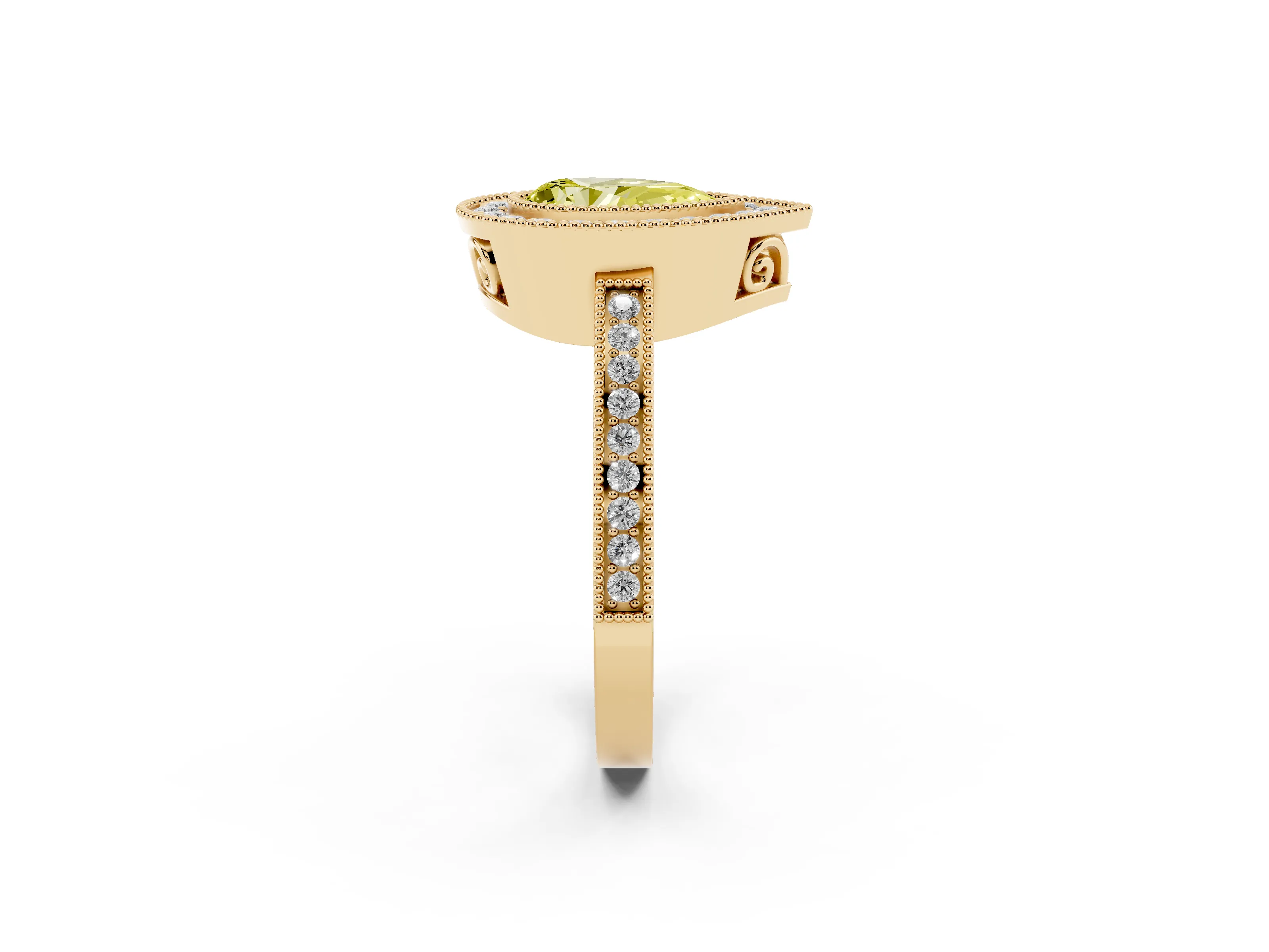 Fancy Yellow Pear Cut Diamond Halo Ring Set in Yellow gold with Pavé Band and Milgrain-Edged Prongs