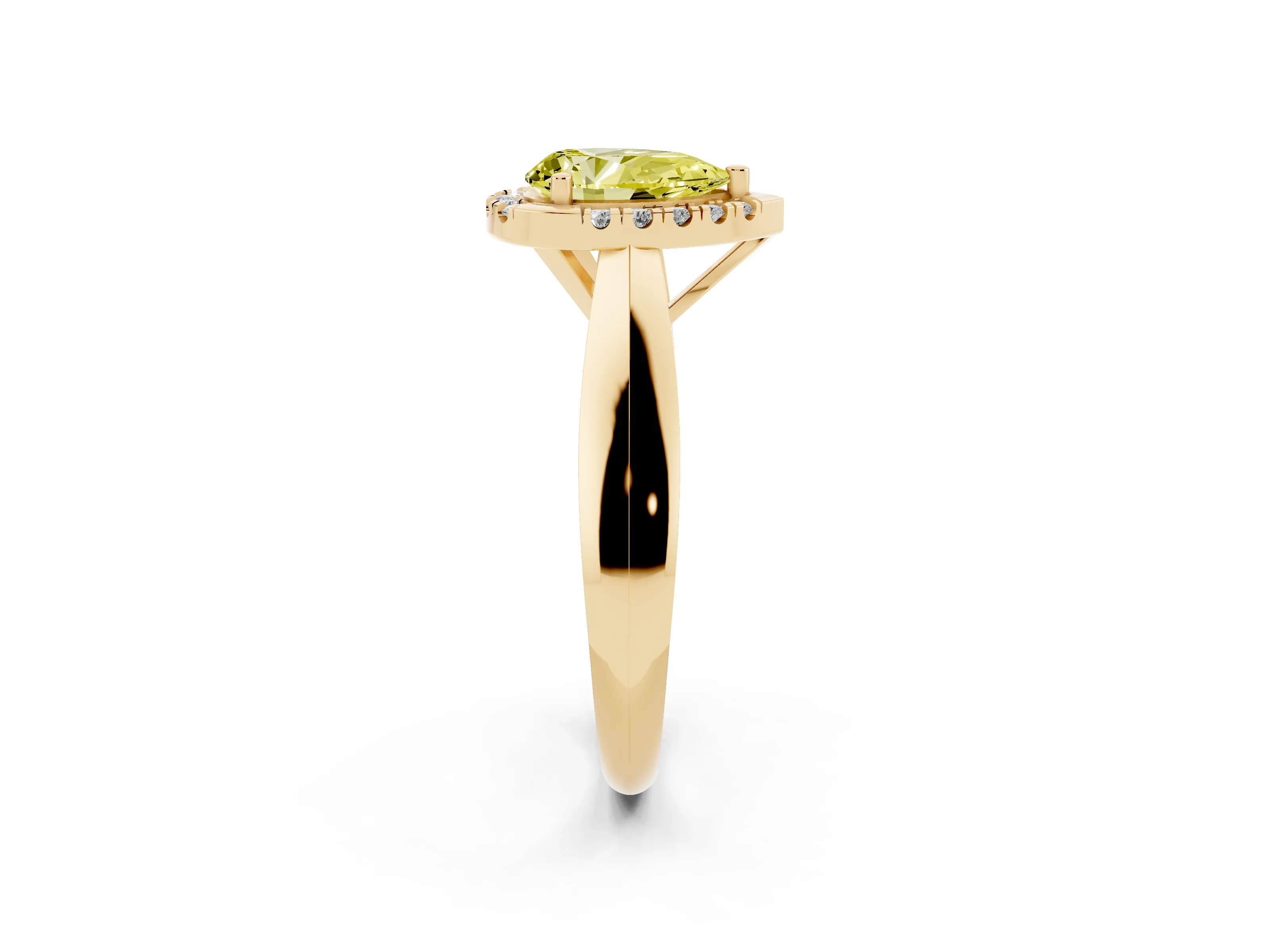 Fancy Yellow Pear Cut Diamond Halo Solitaire Engagement Ring Set in Yellow gold with Square Band and Prong Setting
