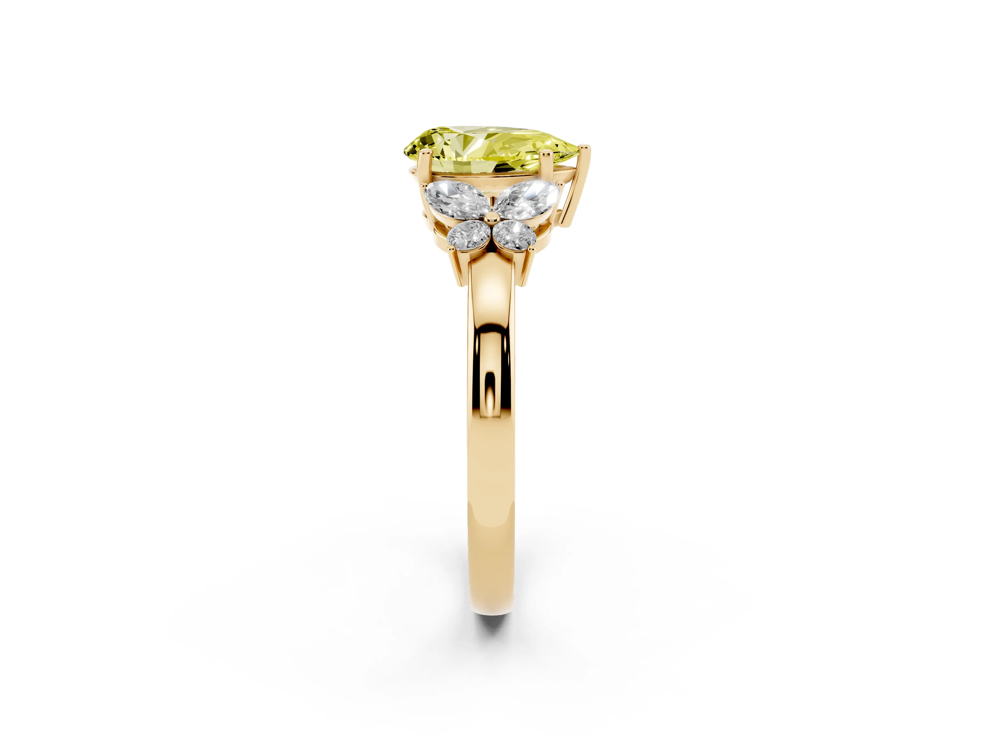 Fancy Yellow Pear Cut Diamond Solitaire Floral Ring Set in Yellow gold with Marquise Petals and Prong Setting