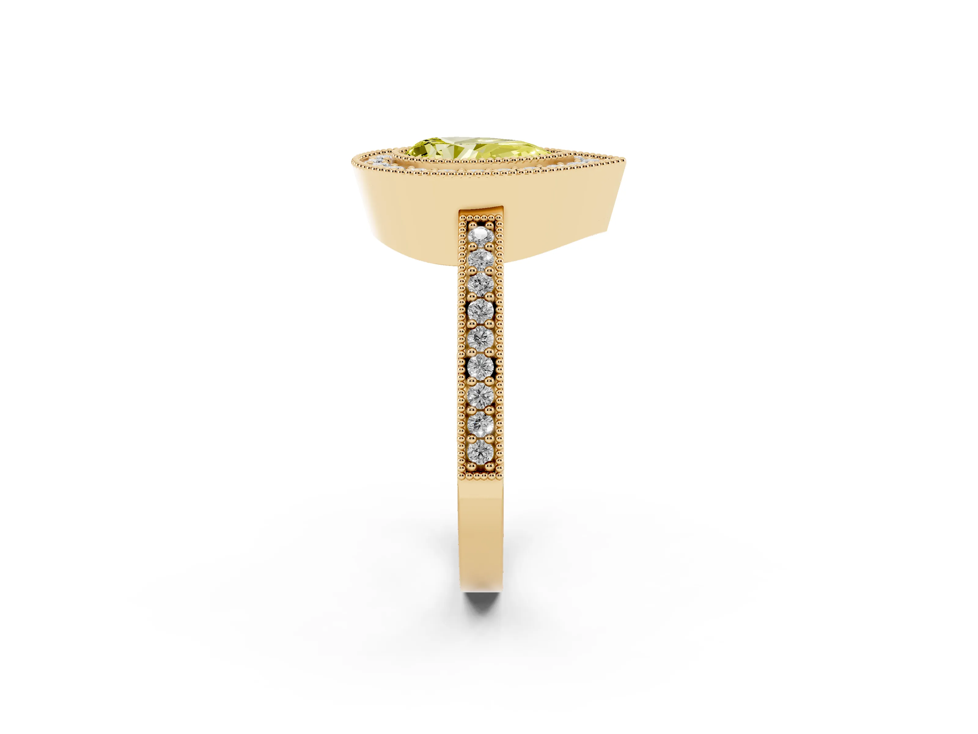 Fancy Yellow Pear Cut Diamond Halo Engagement Ring Set in Yellow gold with Pavé Band and Round Halo Stones