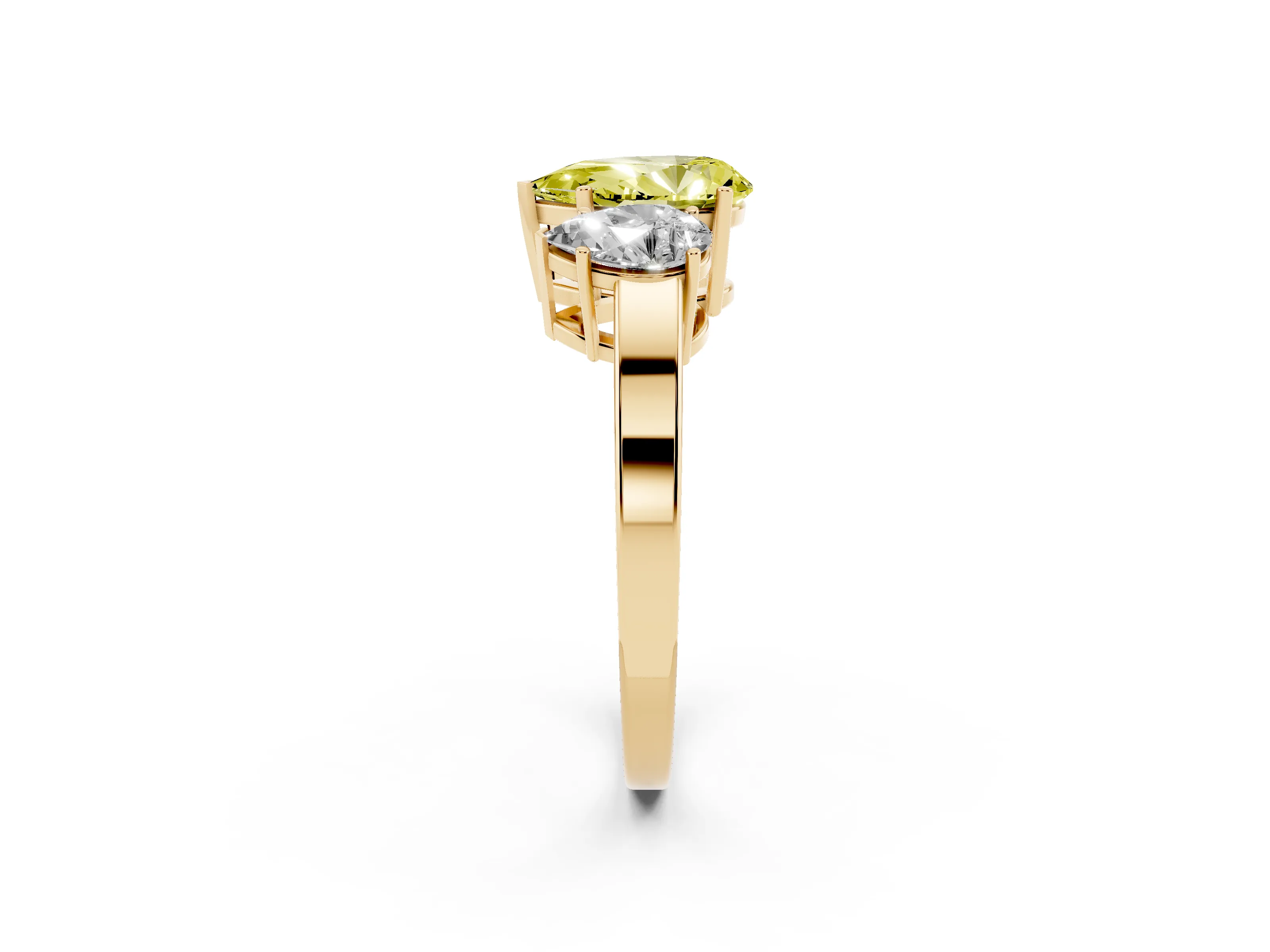 Fancy Yellow Pear Cut Diamond Three-Stone Engagement Ring Set in Yellow gold with Flat Band