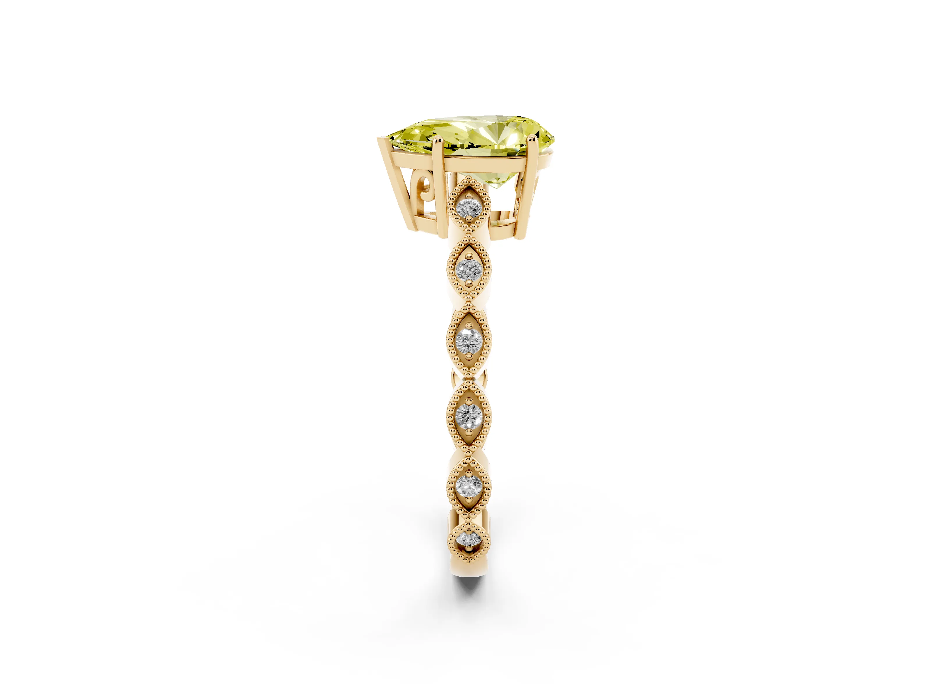 Fancy Yellow Pear Cut Diamond Solitaire Ring Set in Yellow gold with Infinity Twist Pavé Band