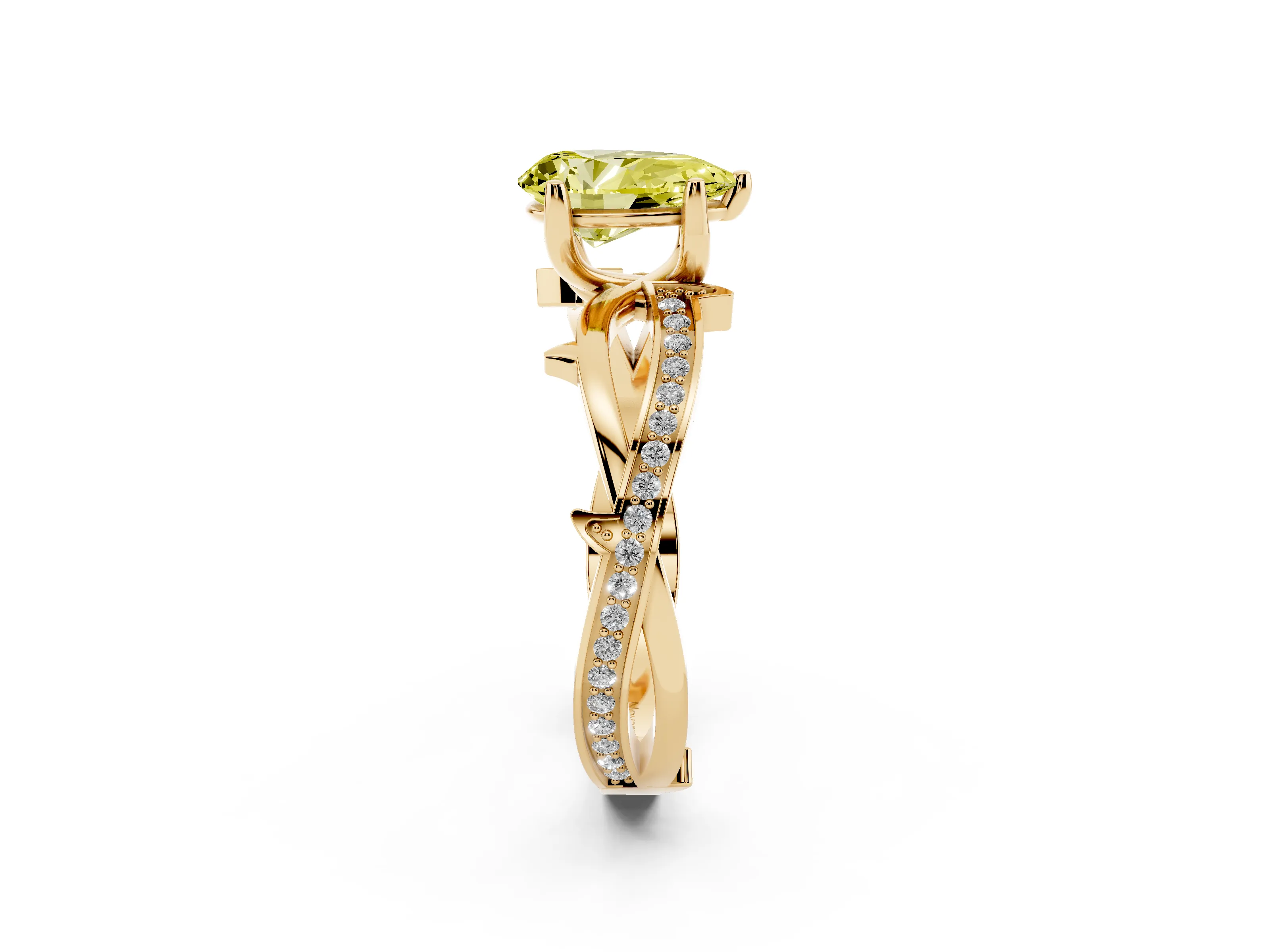 Fancy Yellow Pear Cut Diamond Pavé Twist Band Solitaire Ring Set in Yellow gold with Prong Setting