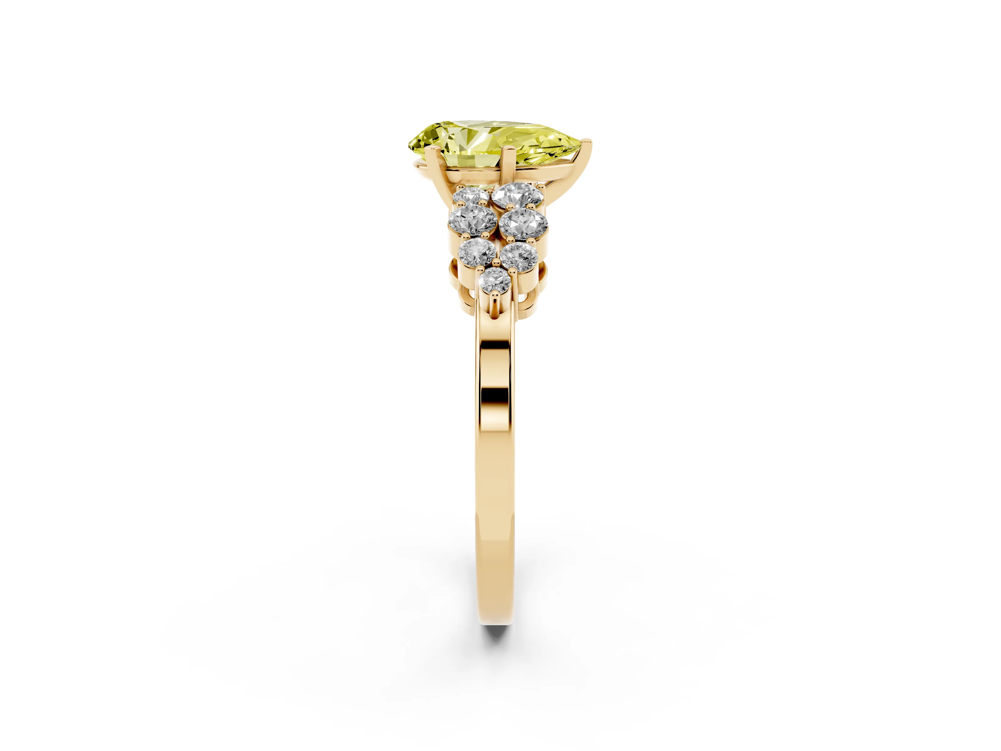 Fancy Yellow Pear Cut Diamond Cluster Engagement Ring Set in Yellow gold with Pavé Band and Prong Setting
