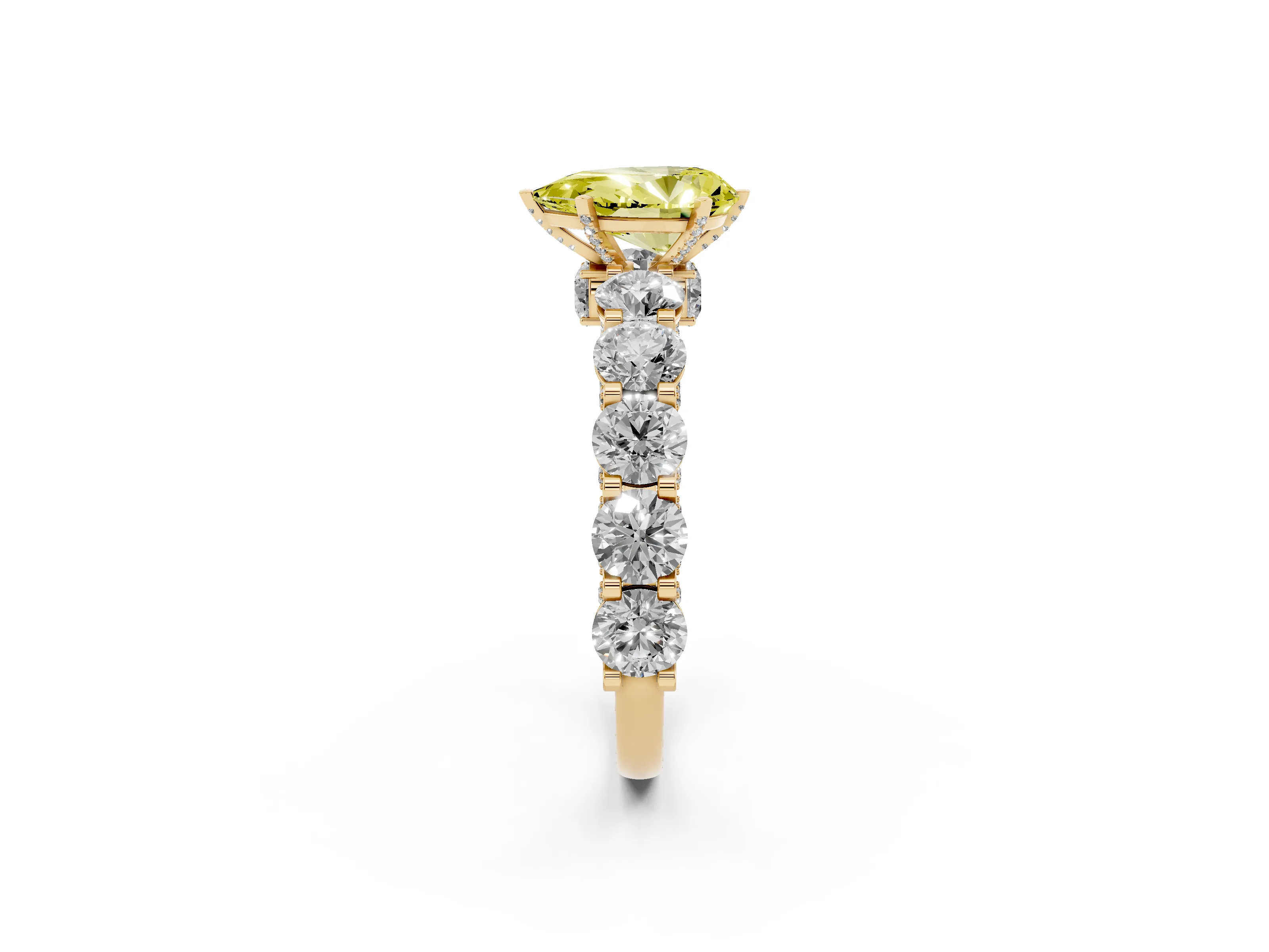 Fancy Yellow Pear Cut Diamond Side Stone Ring Set in Yellow gold with Alternating Round and Oval Side Stones