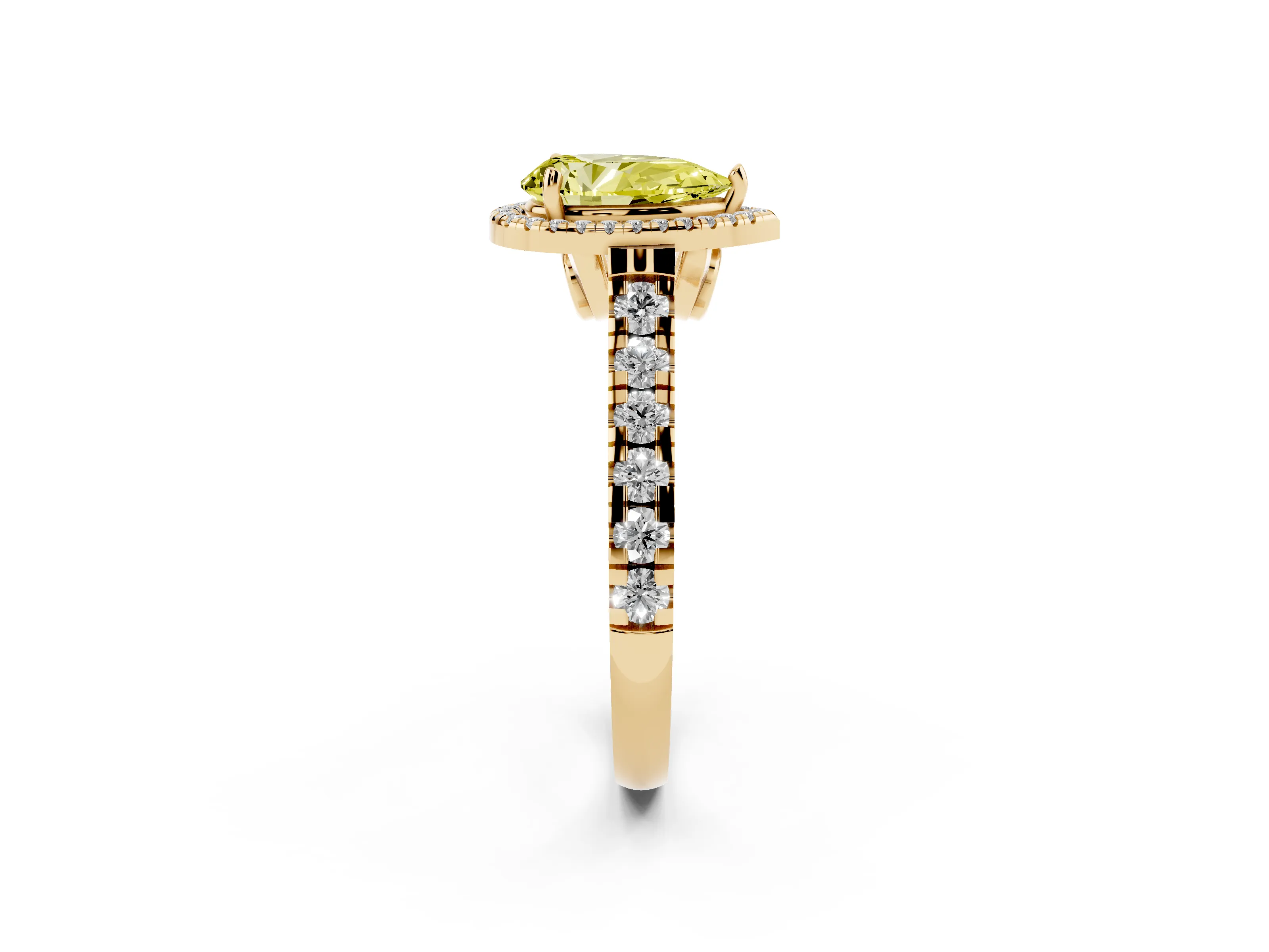 Fancy Yellow Pear Cut Diamond Halo Engagement Ring Set in Yellow gold with Pavé Band and Prong-Set Center