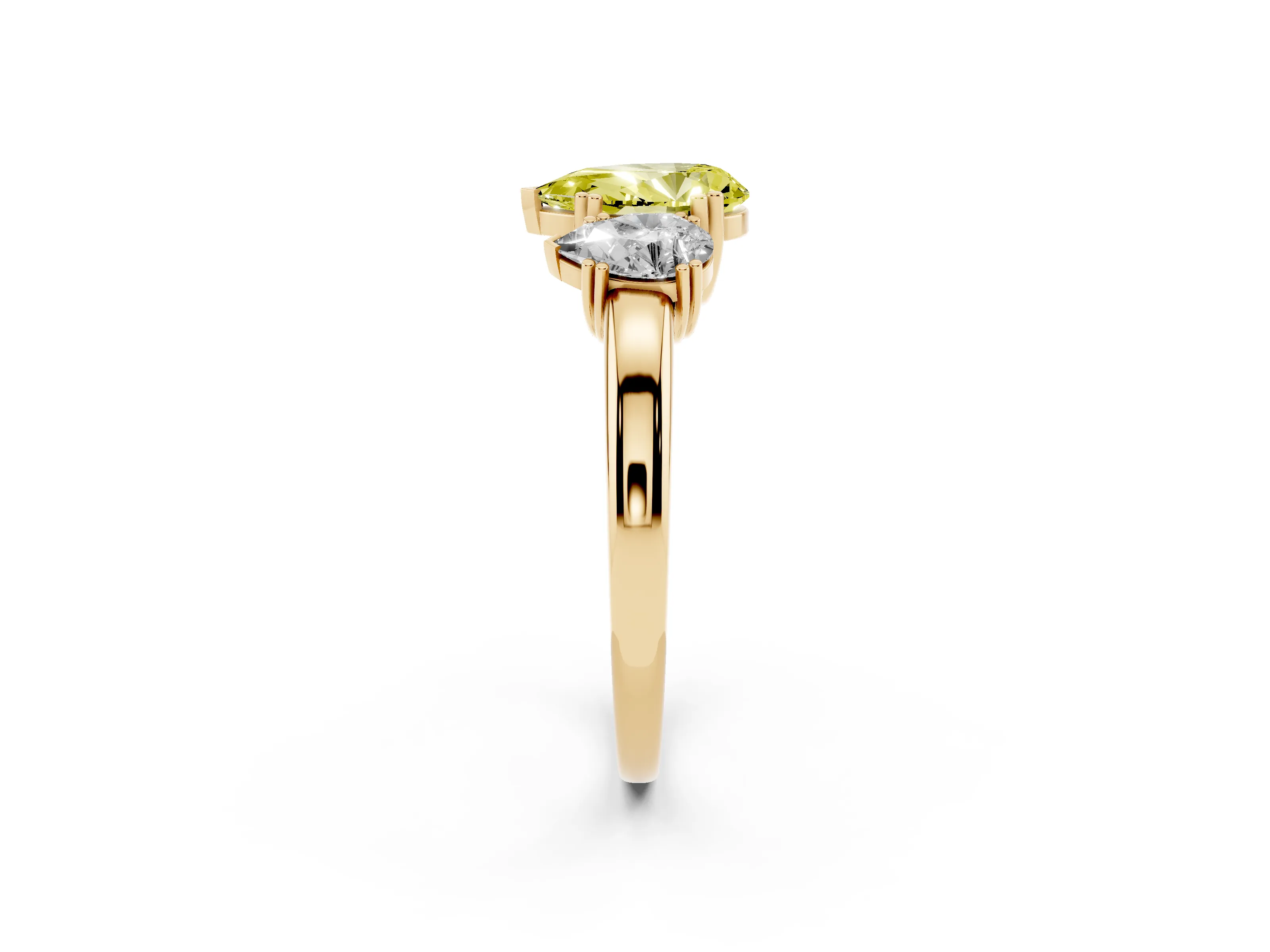 Fancy Yellow Pear Cut Diamond Three-Stone Ring Set in Yellow gold with Polished Channel-Set Band